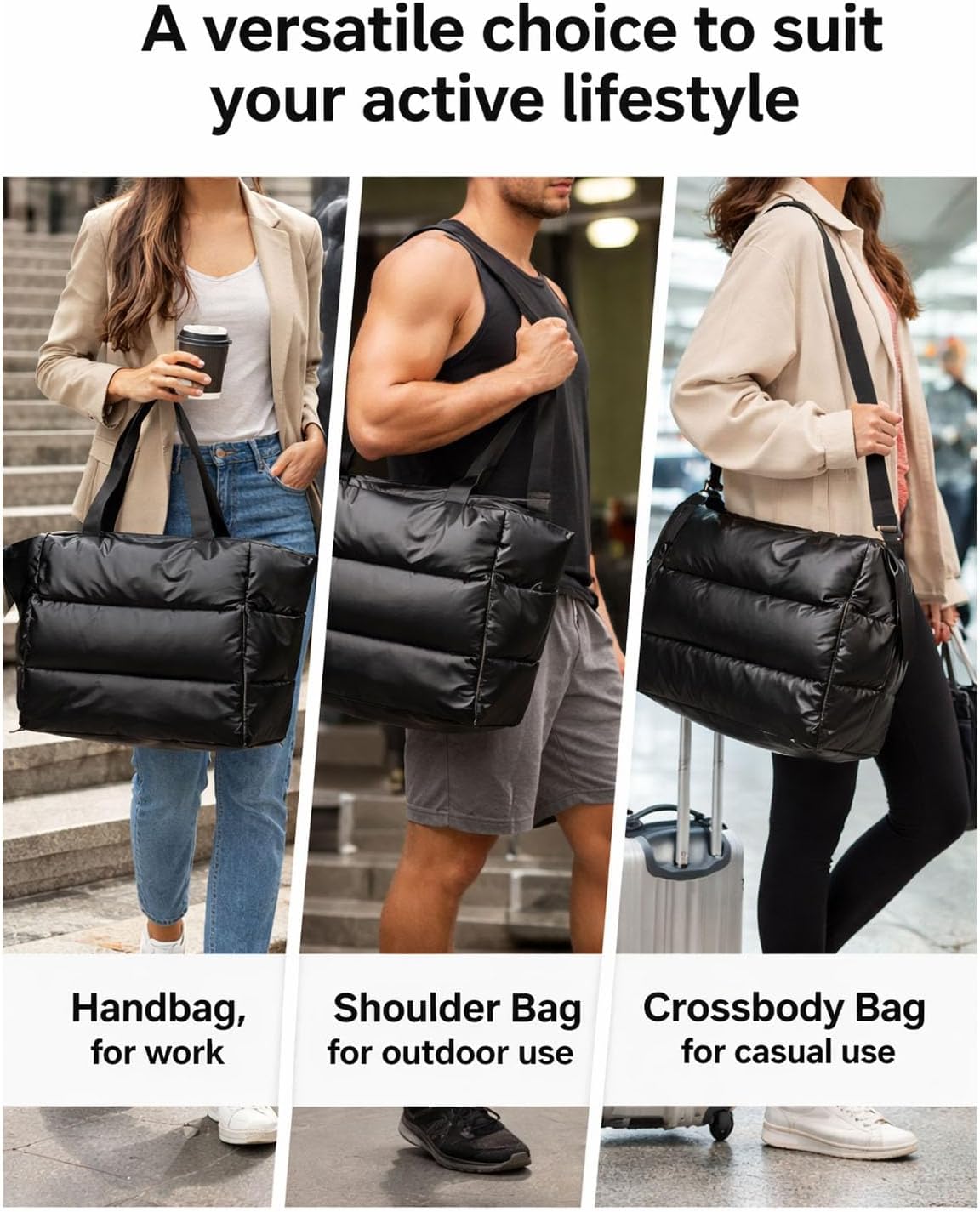 Large Puffer Tote Bag for Women, Quilted Gym Bag with Yoga Mat Holder, Travel Duffle, Waterproof Carry on Weekender Bag (black)