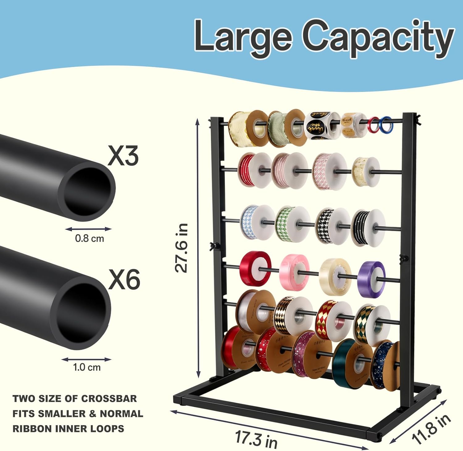 6 Tier Ribbon Organizer Rack - Metal Large Capacity Ribbon Holder for Craft Ribbon Washi Tape Arts & Crafts Supplies, Ribbon Storage Ribbon Rack for Craftroom, Florist Arts Wrapping, Cake Shop(Black)