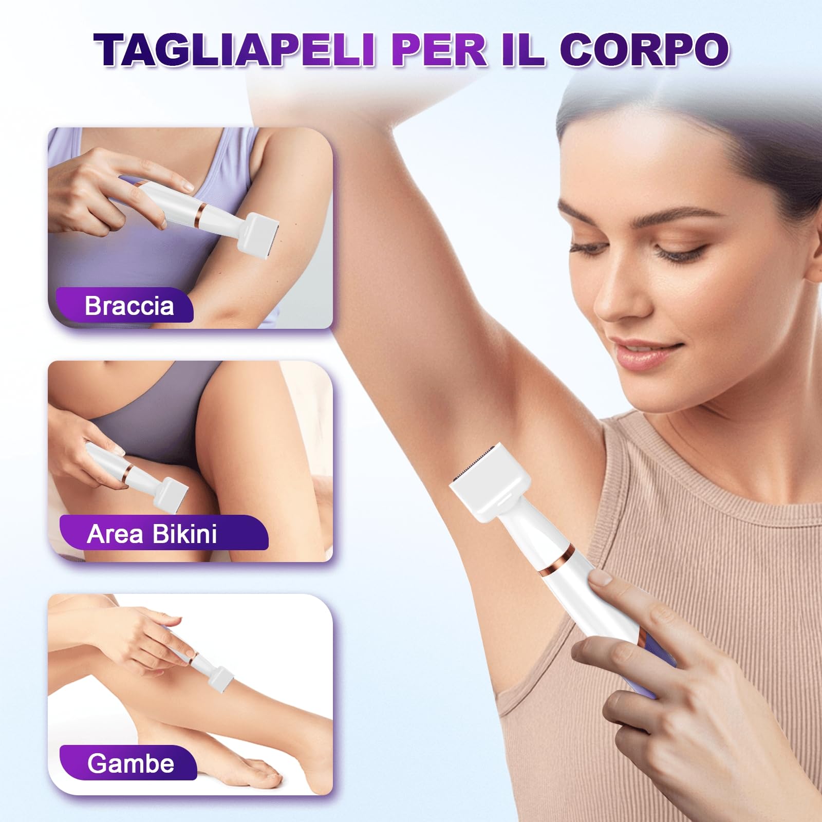 Rasoio Elettrico Donna, 4 in 1 Depilatore Corpo Donna Rasoio Parti Intime Depilatore Viso, Rasoio Intimo Rasoio Elettrico Corpo Epilatore Elettrico Capelli per Viso, Corpo