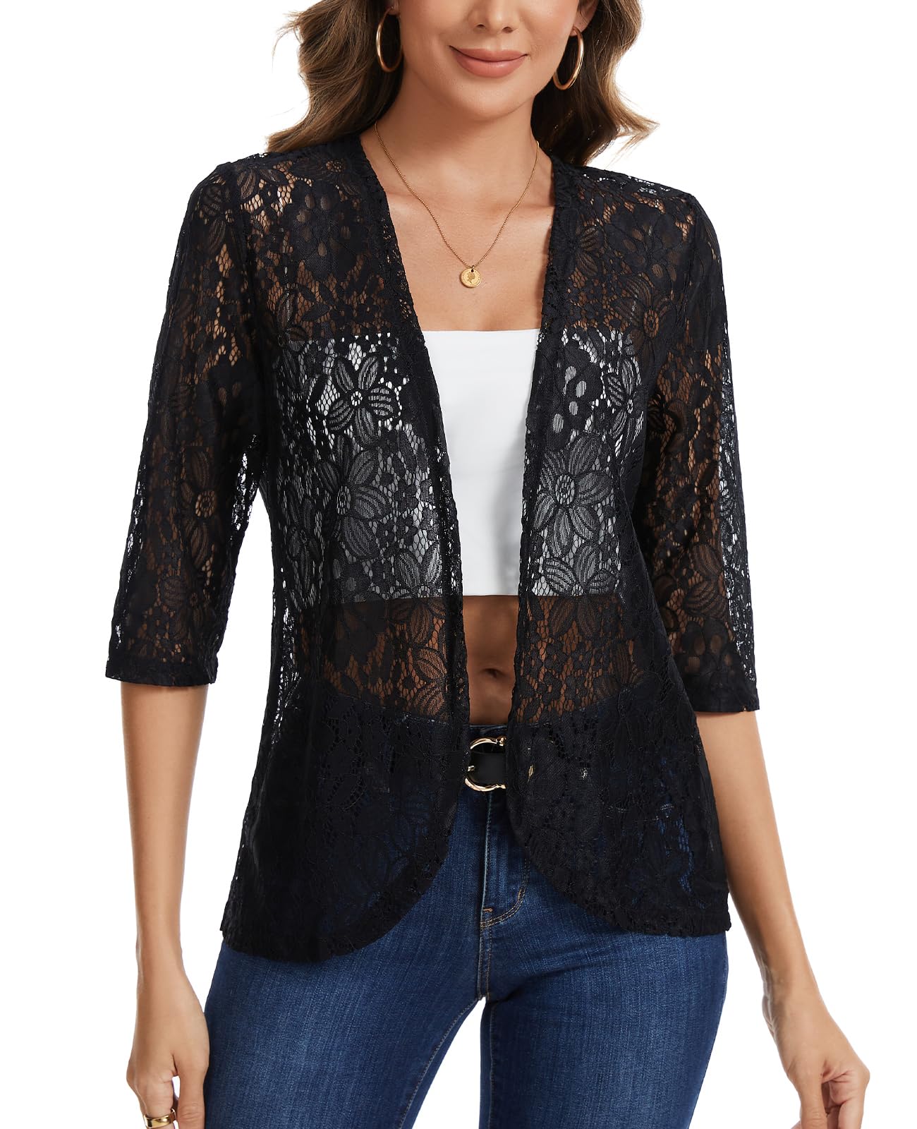 Cardigan da donna in pizzo aperto sul davanti manica a 3/4 coprispalle bolero casual coprispalle stratificazione top dress cover up elegante