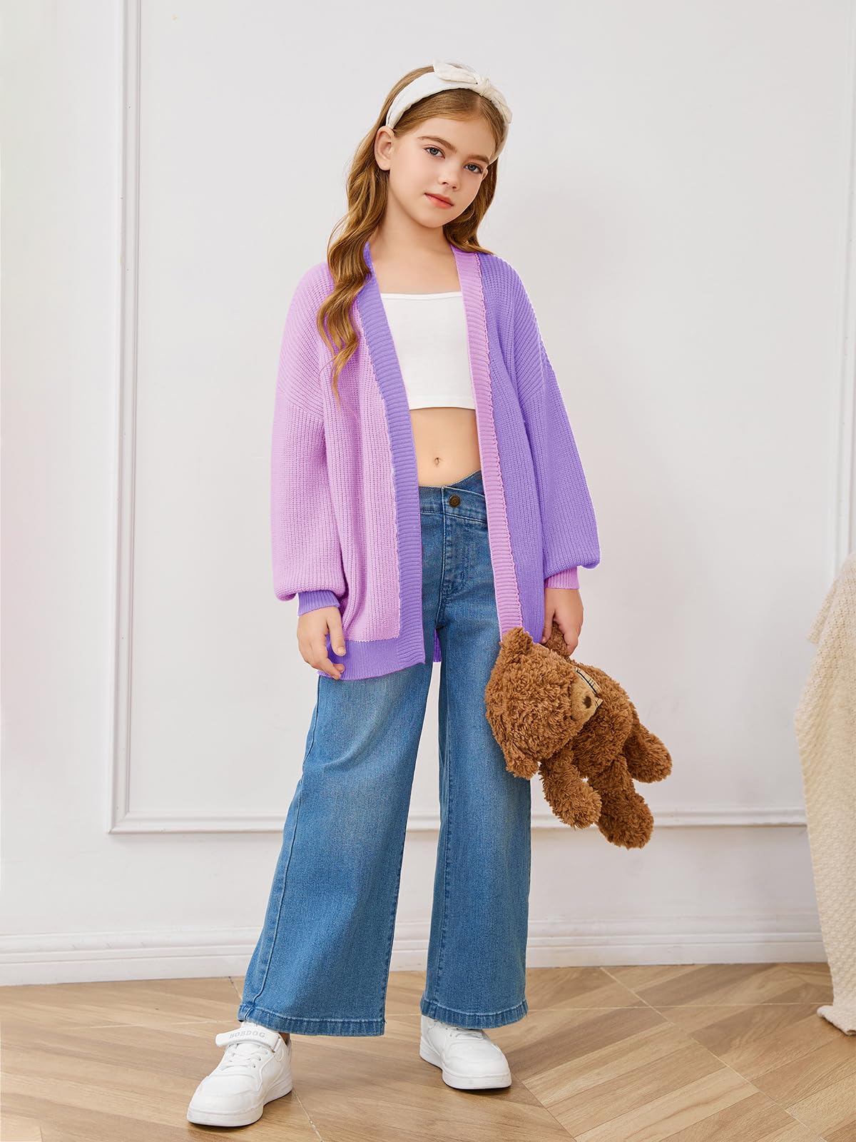 Haloumoning Cárdigan de manga murciélago de gran tamaño para niñas, a la moda, frente abierto, bloque de color, ropa exterior