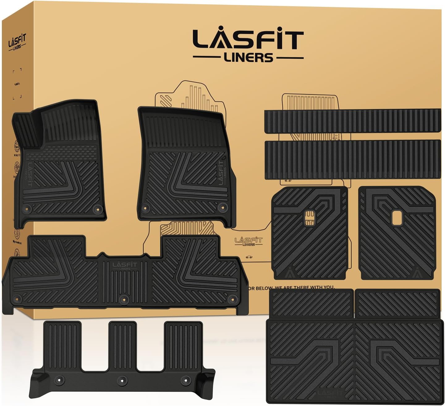 LASFIT Floor Mats & Trunk Mat & Backrest Mat for Rivian R1S 2024 2023 2022, All Weather TPE Mats Custom Fit Floor Liner & Cargo Mat for R1S 1st & 2nd & 3rd Row Full Set Car Mats and Cargo Liner 2022-2024 | For Rivian R1S | Full Set