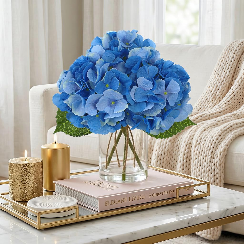 DILATATA Hydrangea Artificial Flowers with Glass Vase, Blue Real Touch Silk Hydrangea Arrangement with Faux Water, Small Faux Floral Centerpiece for Home Decor, Wedding, Bathroom, Shelf, Coffee Table