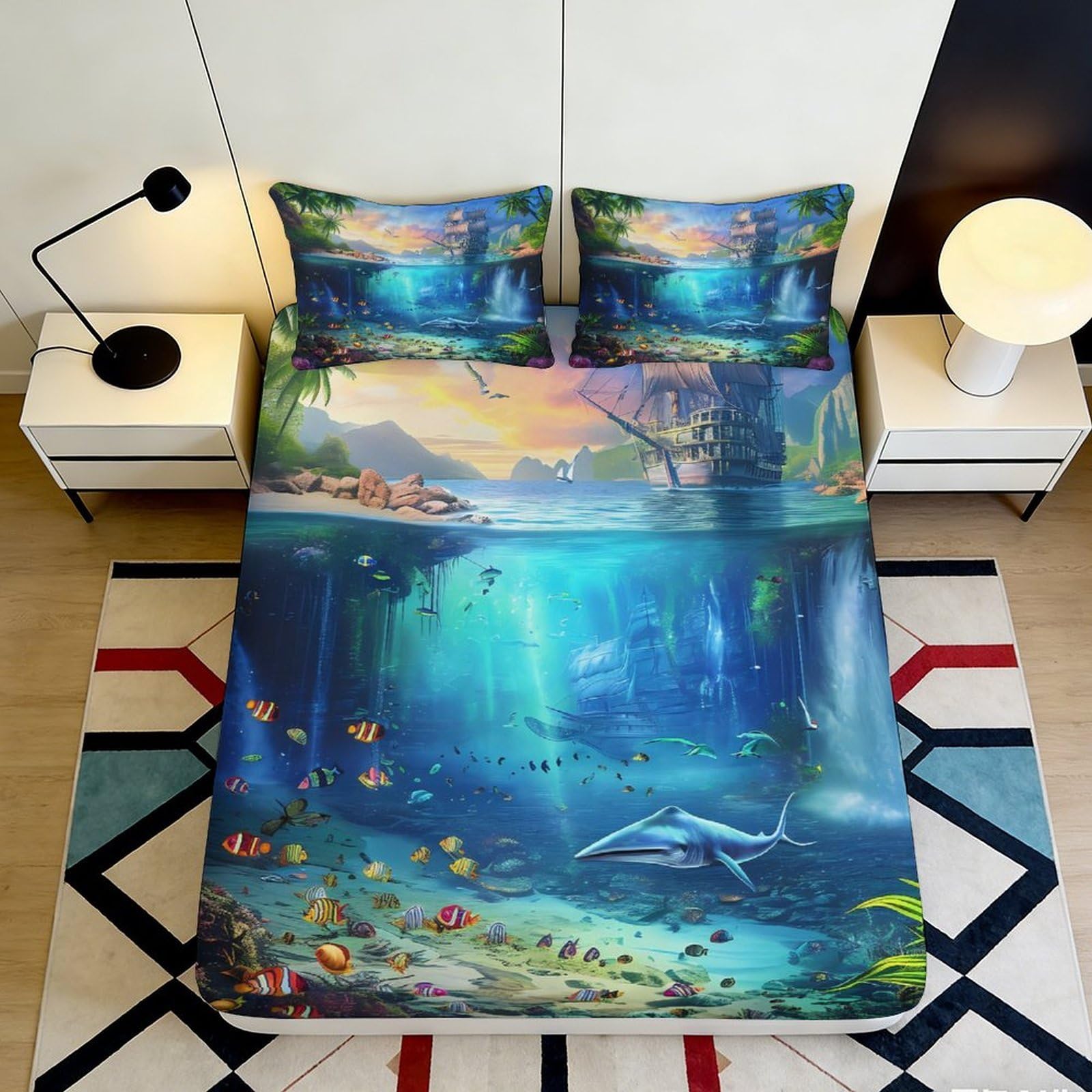 3D Printed Underwater Ocean Fitted Sheet Microfiber Soft Breathable Dolphin Lake Bed Cover for Bedroom Dorm Decor 90x200x25cm