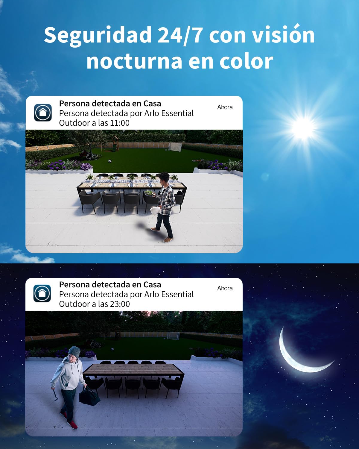Arlo Essential 2 Camara Vigilancia WiFi Exterior HD, Camara Vigilancia WiFi Interior, Sensor de Movimiento, Alarmas Para Casa, Visión Nocturna En Color, Prueba Arlo Secure Incluida, 3 Cámaras, Blancas