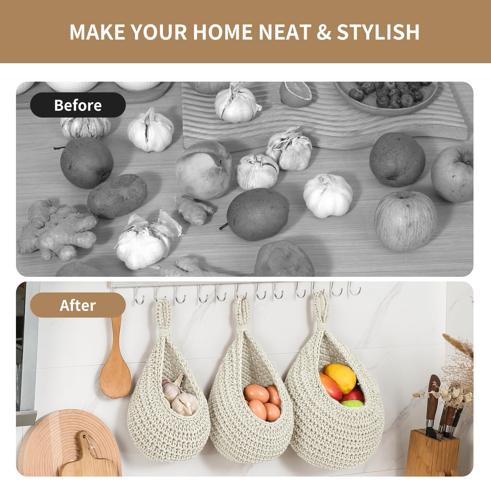 Cestini per frutta da appendere alla parete in stile boho, per cucina, confezione da 3 pezzi, con 6 ganci resistenti, cestino da appendere per verdure per organizzare a forma di goccia, per conservare