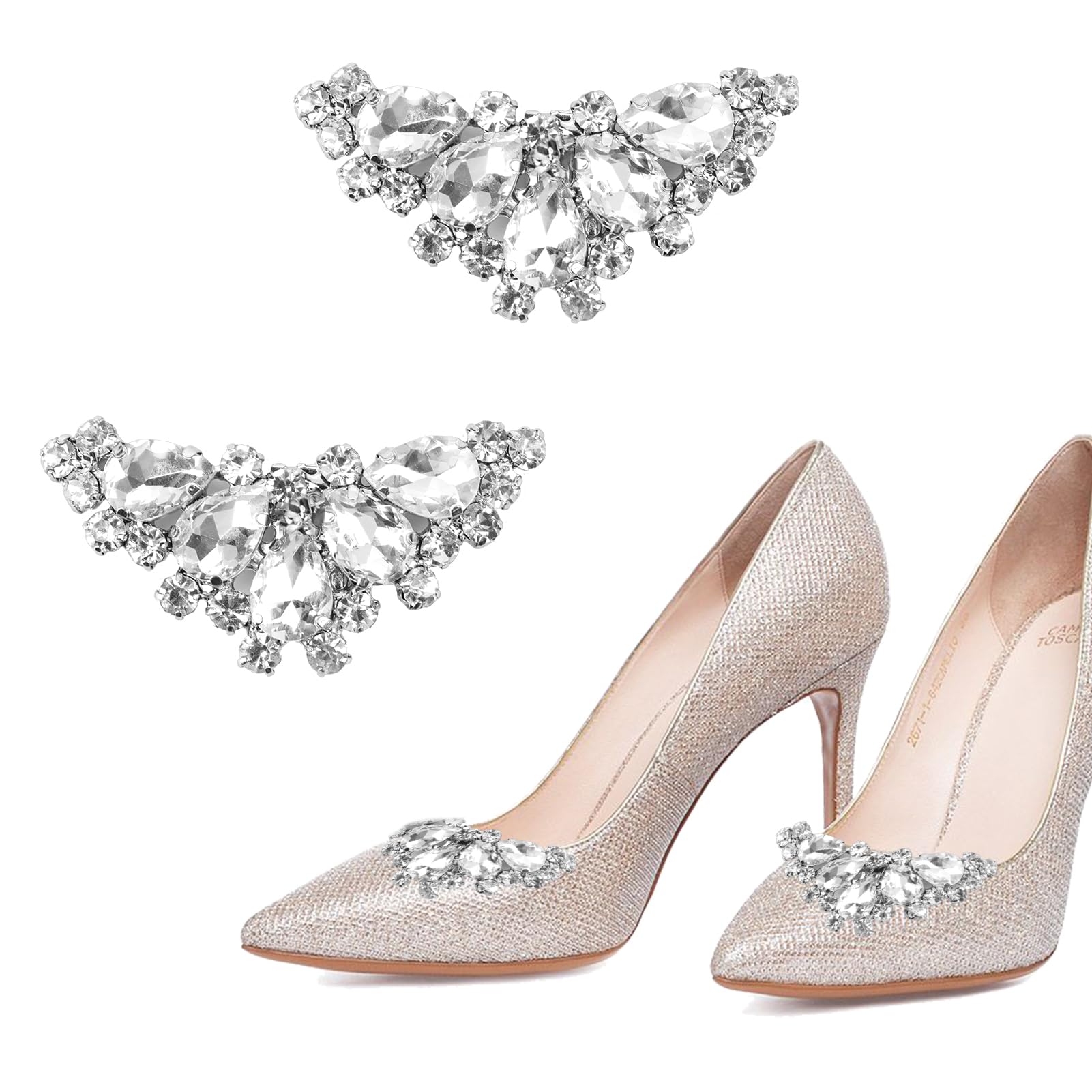 Runquit2Pcs Shoe Clips Charms for Women Girl, Detachable Elegant Fashionable Beautiful Crystal Silver Jewelry Rhinestone High Heels Buckles Decoration Accessories for Bridal Wedding Prom Party