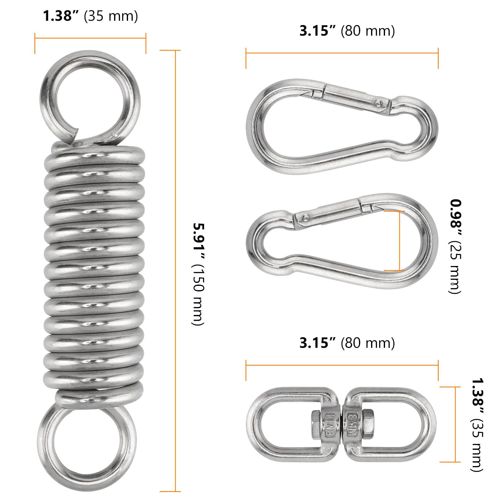 PUCSIQ Swing Spring Steel Spring, Load Capacity up to 250 kg with 2 Carabiner Hooks, Hanging Spring, 360° Rotating Ring - Image 2