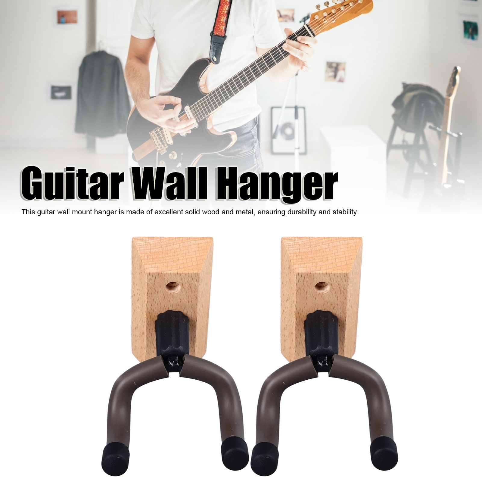 Wieszak do Montażu na ścianie z Litego Drewna i Metalu do Gitary Basowej Wieszak na gitarę z 5 Kostkami do Ukulele (2PCS)
