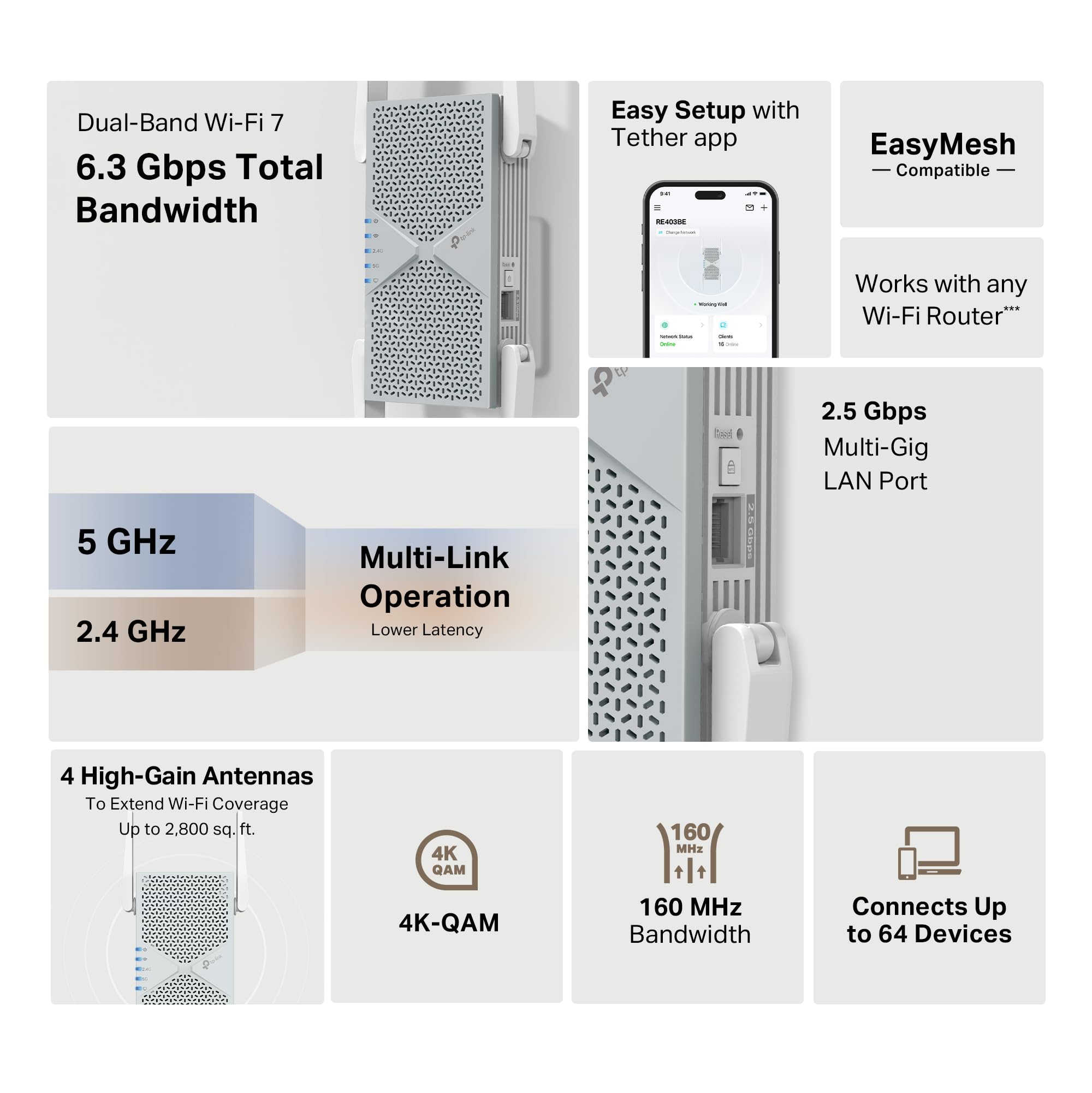 TP-Link BE6300 Wi-FI 7 Range Extender RE403BE avec Port 2,5 G | Répéteur sans Fil Double Bande 6,3 Gbit/s | Amplificateur de Signal Internet pour la Maison | Jusqu'à 2800 m², 64 appareils | MLO