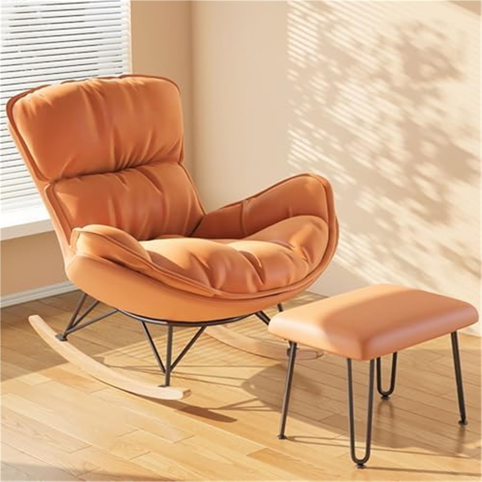 Schaukelstuhl für den Innenbereich mit Fußstütze, Mid-Century Modern, gepolsterter Schaukelstuhl für Wohnzimmer, Schlafzimmer (Orange)