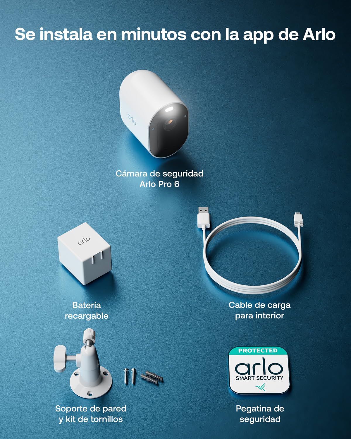 Arlo Pro 6, Cámara de Vigilancia Exterior WiFi 2K+ HDR, Reconocimiento y detección de IA, Visión Nocturna Color, Audio bidireccional, Funciona con Alexa, Prueba Arlo Secure incluida, 1 Cámara