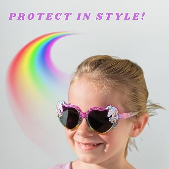 ShadyVEU Kids Unicorn Glitter Rainbow Color Heart Shape Sunglasses Magic Party Shatter-Proof Shades Girls Eyeglasses