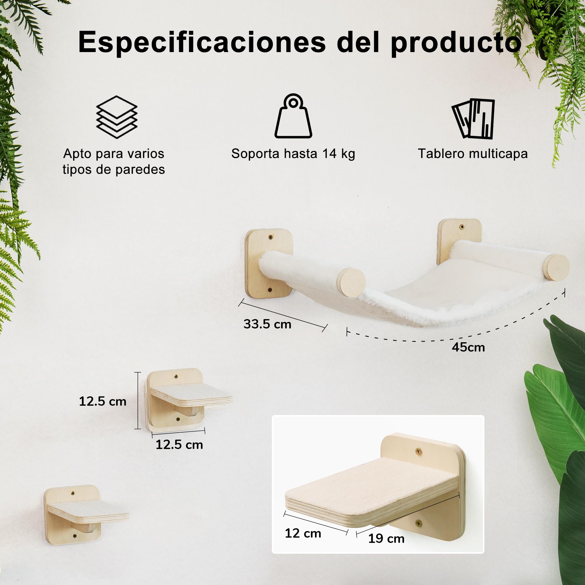 FUKUMARU Set de Pared de Escalada para Gatos, 3 Piezas - Estanterías de Pared, Hechas de Tablero Multicapa de Abedul, Cama Pared Gato, Escaleras para Gatos hasta 14 kg, Beige