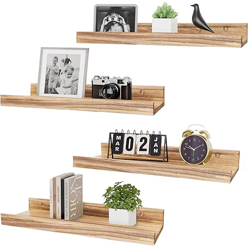 Floating Shelves for Wall Set of 4, Display Wall Shelves for Wall Decor, Wall Mounted Bathroom Shelves with Lip, Modern Picture Ledge Shelf for Bathroom, Bedroom, Living Room Decor-Light Brown