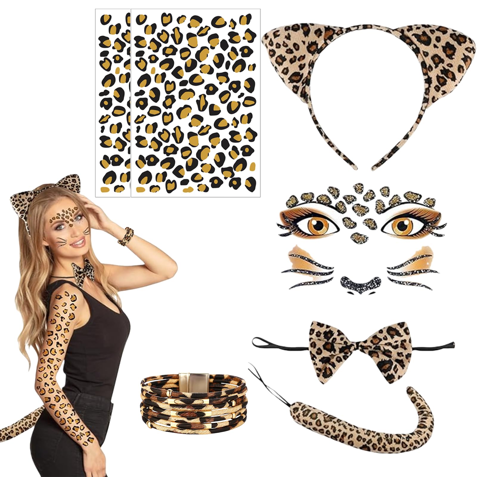 GWAWG Leopard Costume Set Leopard Ears Headband, Bow Tie, Tail, Bracelet, Glitter Face and Body Tatto Stickers for Fancy Dress Carnival