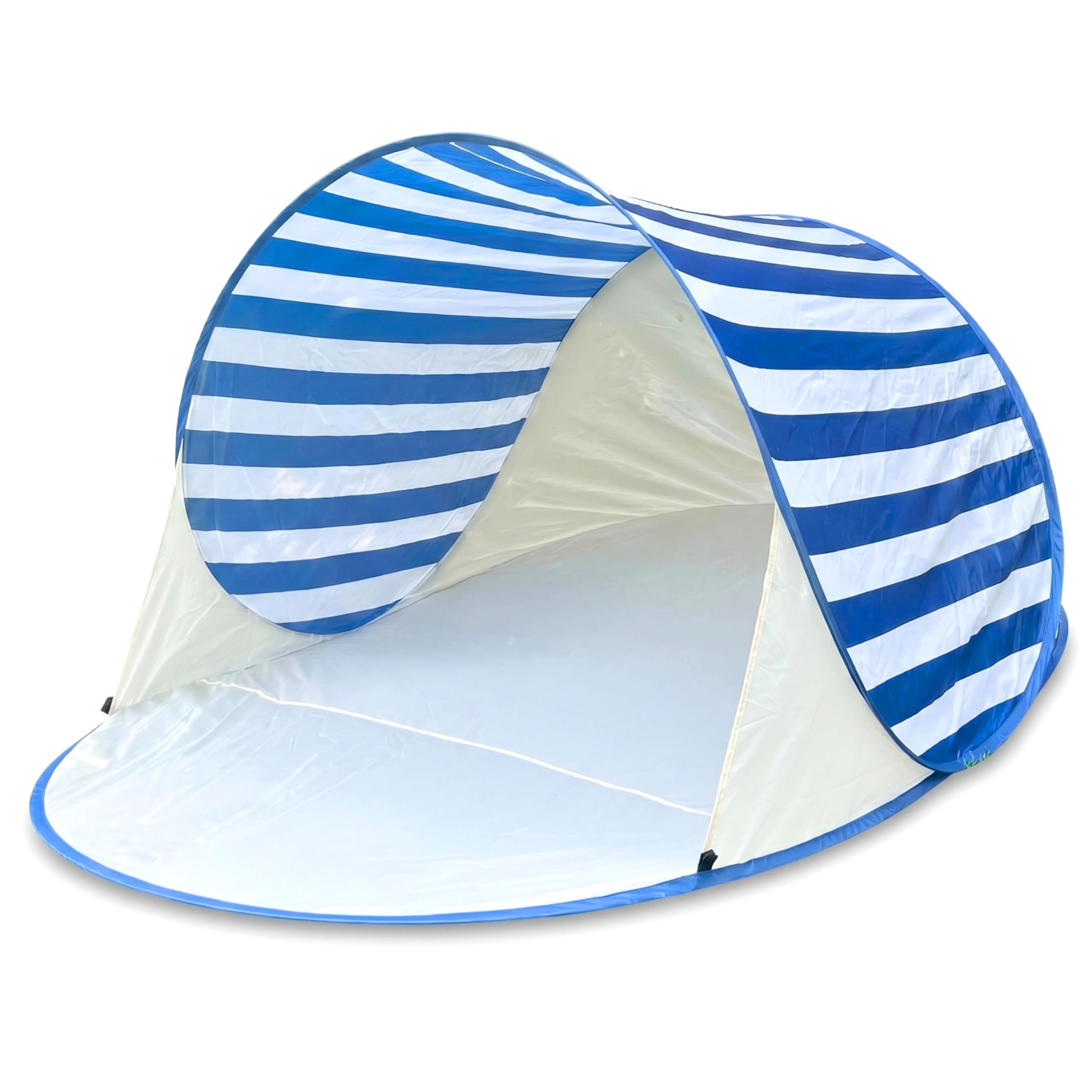 Tente de plage pop-up à rayures bleues avec abri solaire pliable
