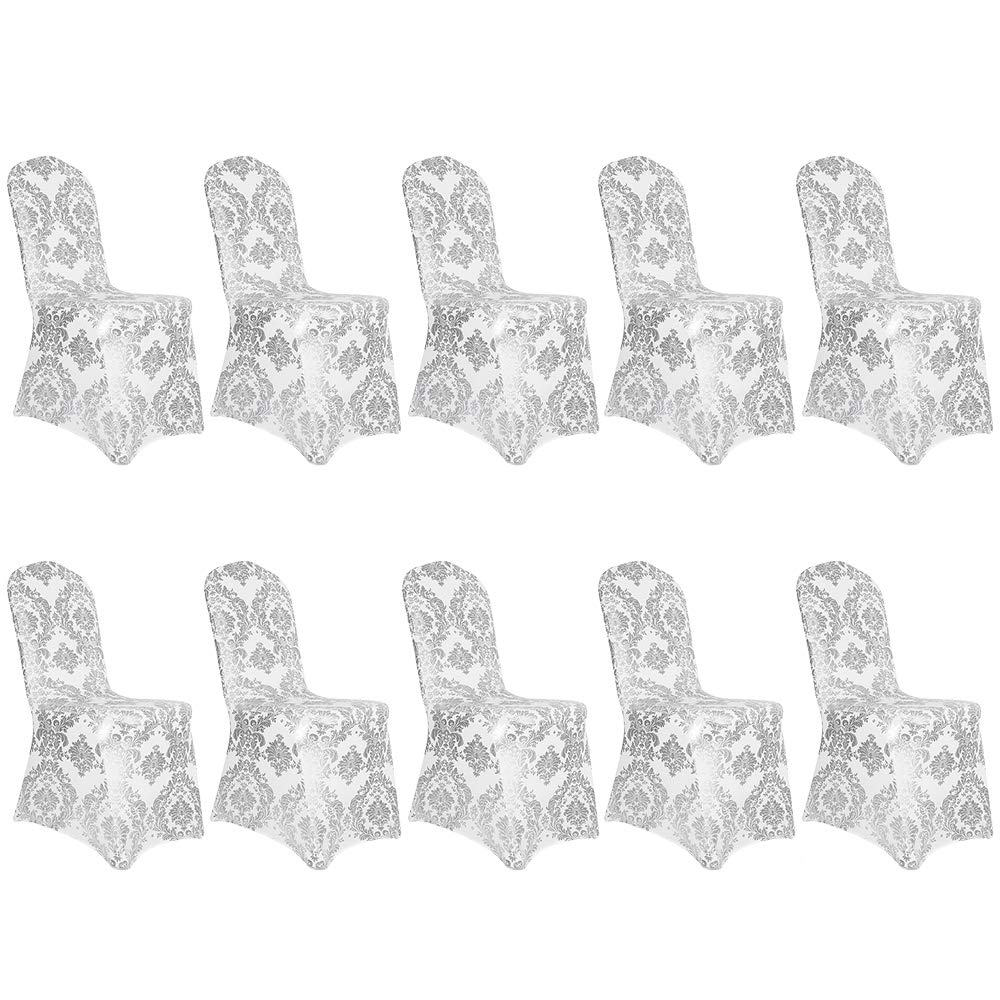 Desirable Life Pack of 10 Dining Chair Covers Bronzing Silver Flower Print Removable Washable Spandex Stretch Decorative Chair Slipcovers Set for Party Wedding Home Decorations - Silver+White