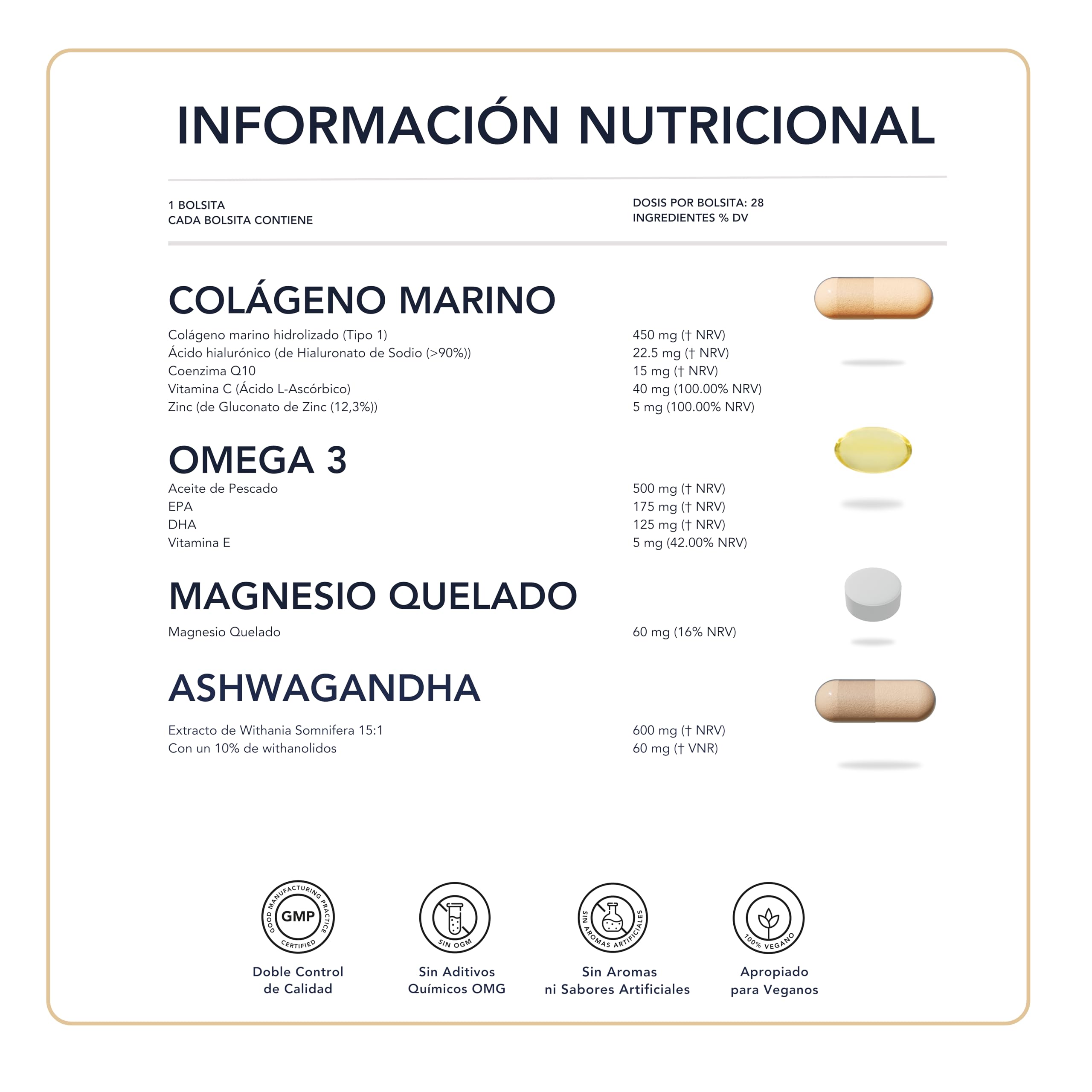 Ashwagandha, Magnesio, Omega 3 y Colágeno marino con Acido hialurónico y Coenzima Q10 – Más energía, Menos estrés y una Juventud que dura más tiempo | 28 sachets dirios
