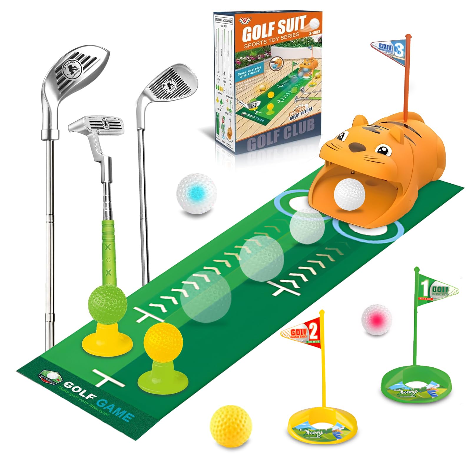 Mini Golf Set 18 Pièces, Golf Jouet Enfants Retour Automatique Dinosaure Case 3 Clubs Rétractables Plein Air