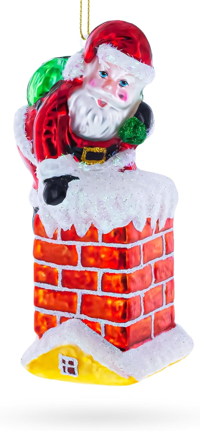 Santa Going Down the Chimney Glass Christmas Ornament