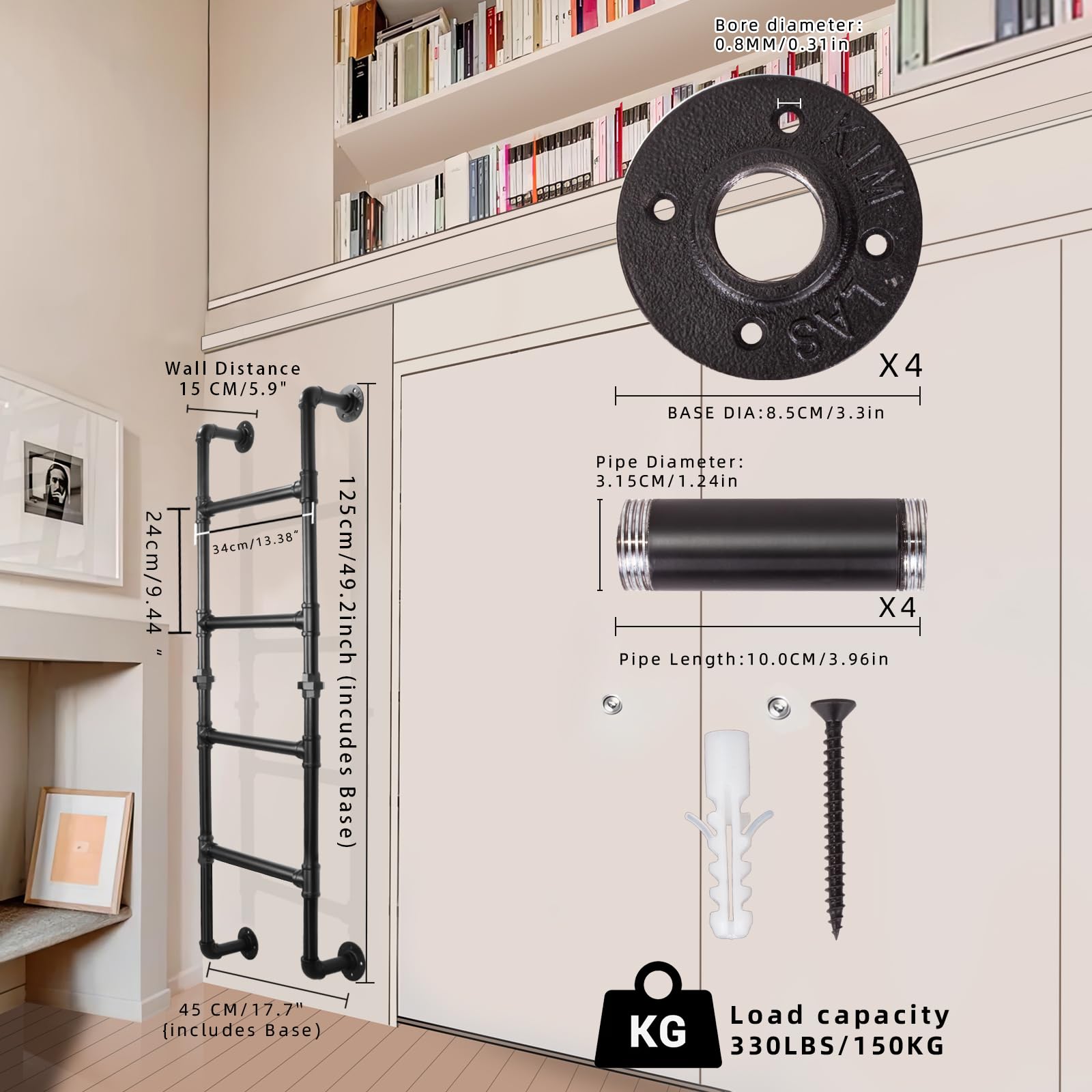 Échelle Murale à 4 marches pour Lits superposés, puits de fenêtre de sous-Sol et greniers, échelle de Sortie en métal Noir, capacité de Charge de 150kg, 125cm, idéale pour Grenier dortoir terrasse RV