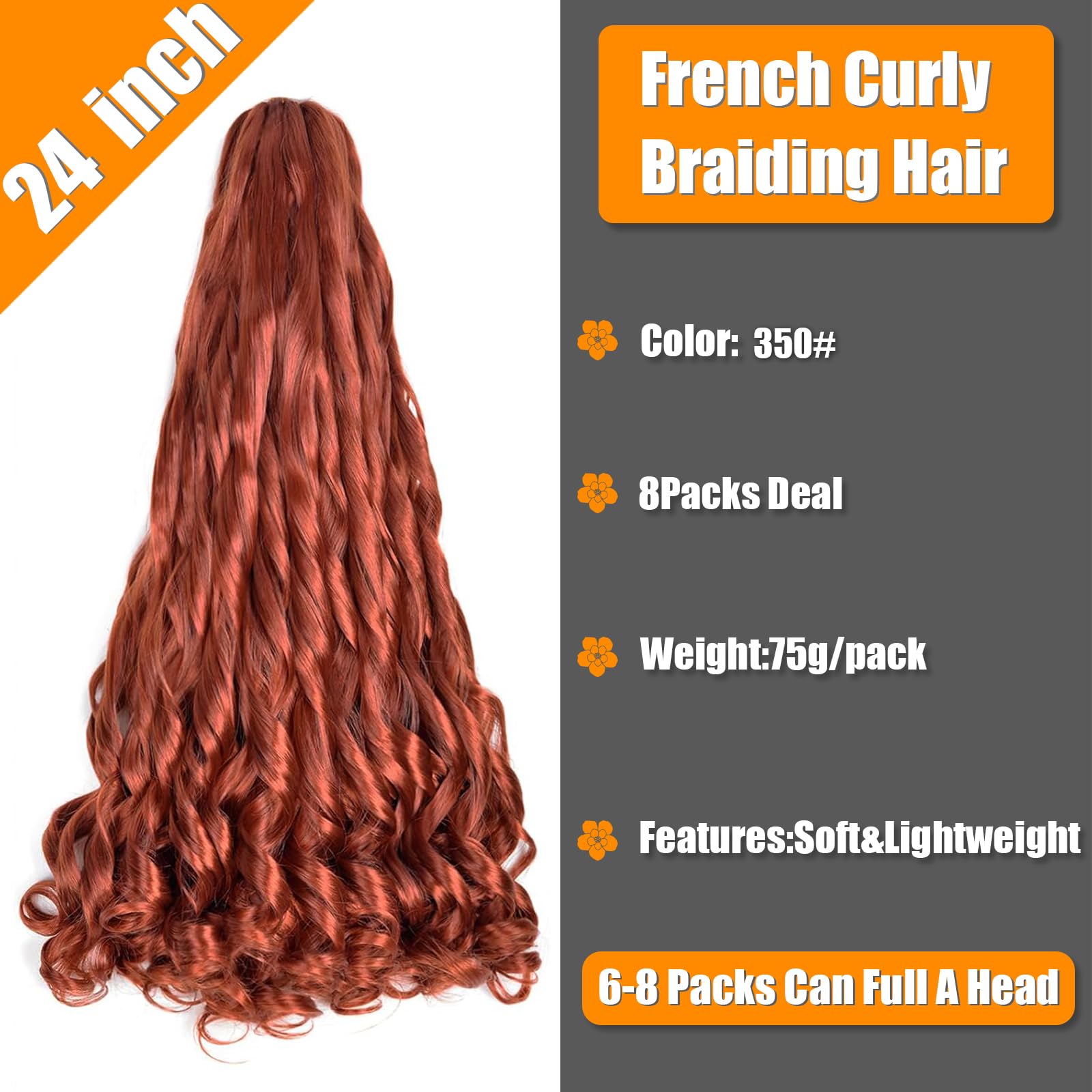 Curly Braiding Hair 24 Inch 8 PacksPre Stretched French Braiding Hair With Curly Ends French Curl Braids Crochet Hair Extensions (350# - Image 2