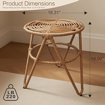 Outdoor Side Tables Set of 2, Round Rattan, Natural