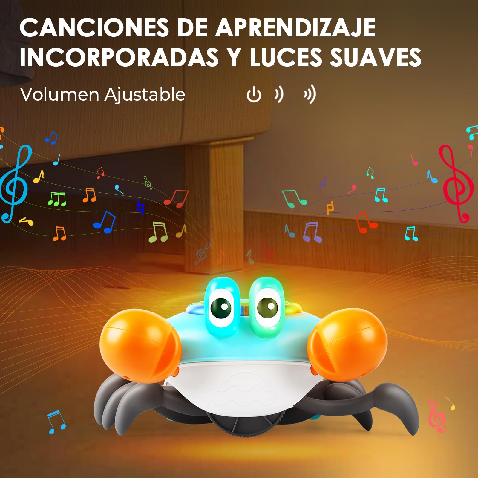 Aragallant Cangrejo bebé juguete, cangrejo electrónico para gatear a partir de 3, 4, 5, 6, 7 años, juguete sensorial para gatear con música y evitar obstáculos, Tummy Time Toys regalos para niños y