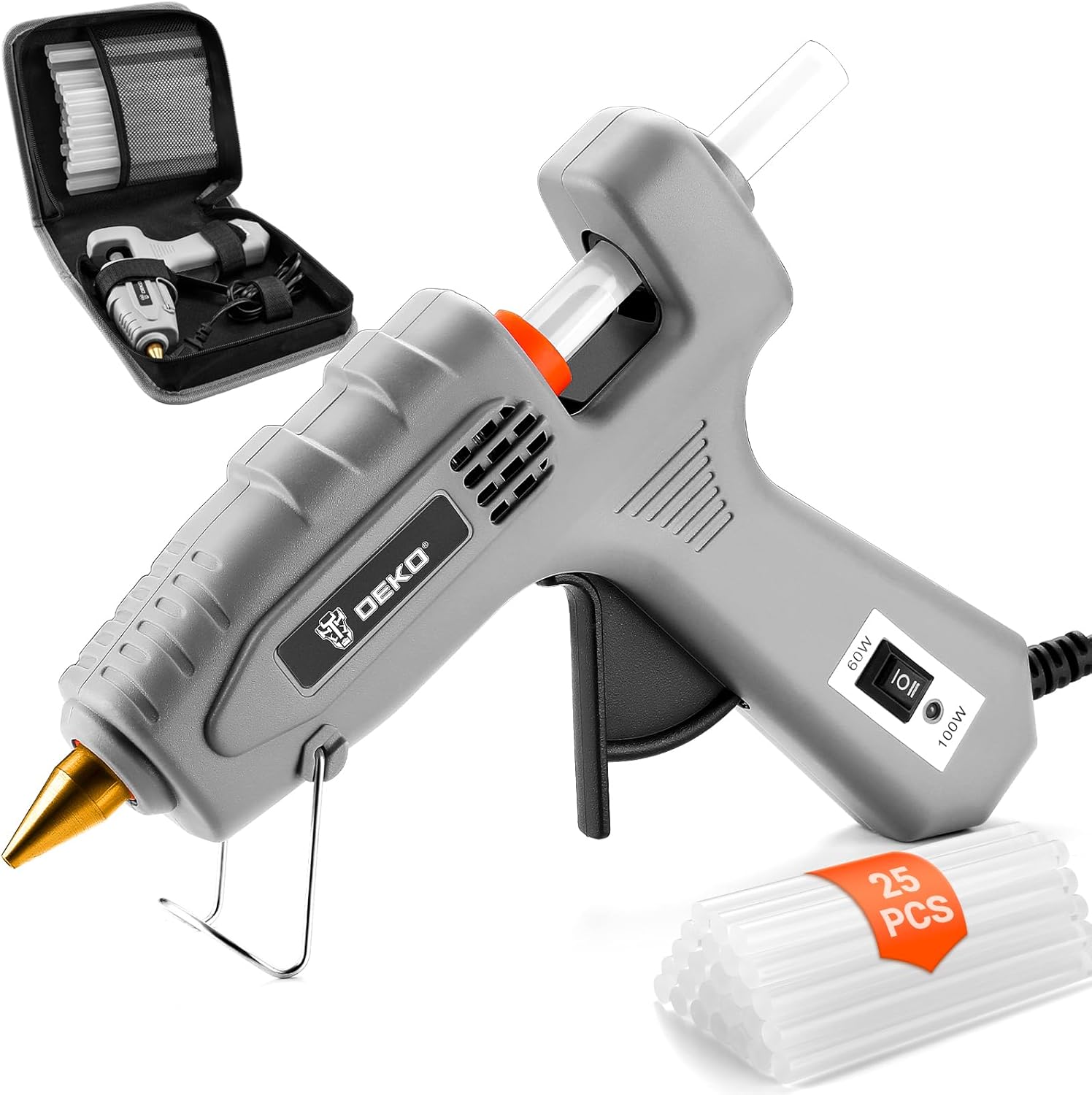 DEKO 60/100W Dual Temperature Hot Glue Gun with glue sticks and storage case
