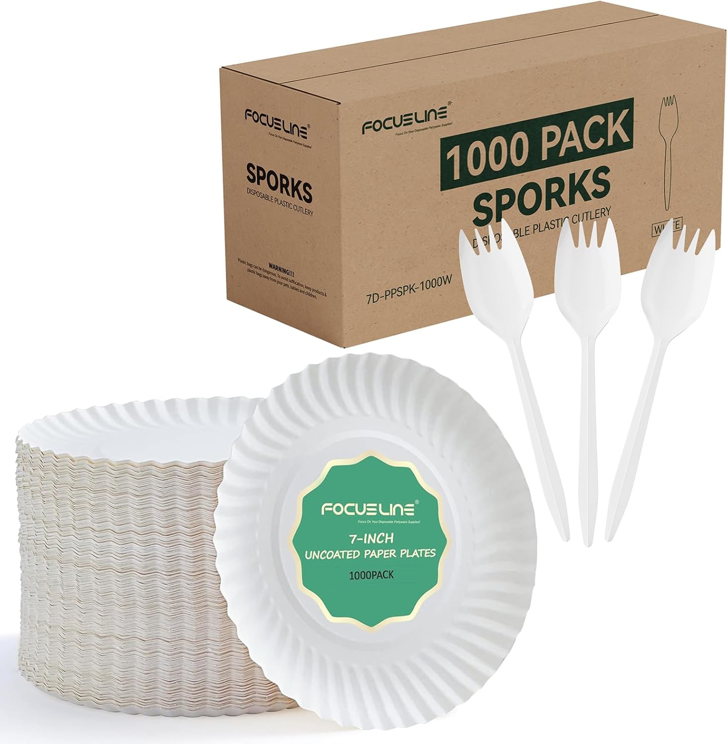 FOCUSLINE 1000 Pack Plastic Sporks White and 7 Inch Uncoated White Paper Plates 1000 Count