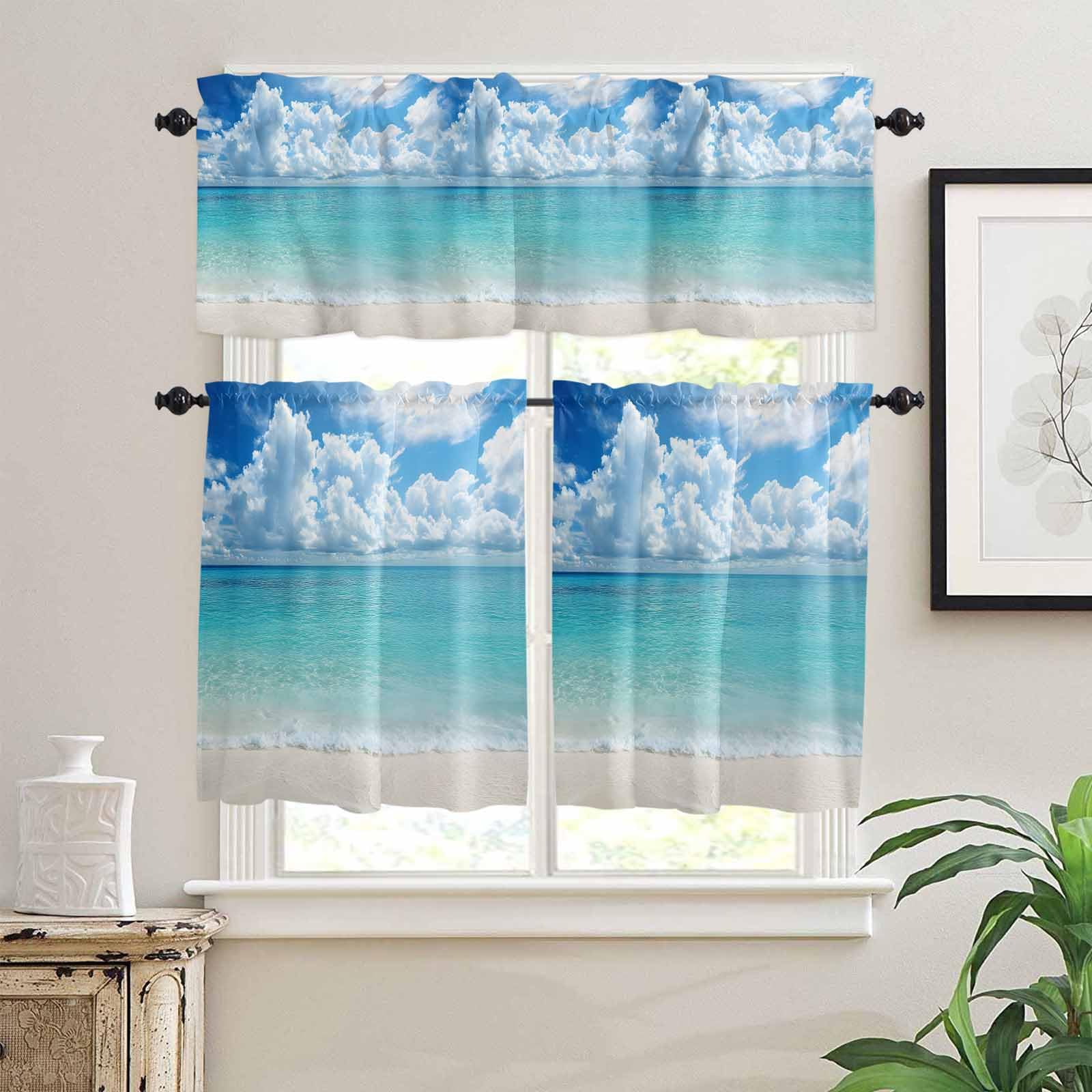 Ocean Blue Kitchen Curtains 24 Inch Length, 3 Piece Rod Pocket Small Half Tiers and Valance Set, Beach Nature Coast Sea Shore Sky Seawater Small Large Window Treatment Decor for Bedroom/Bathroom Sink