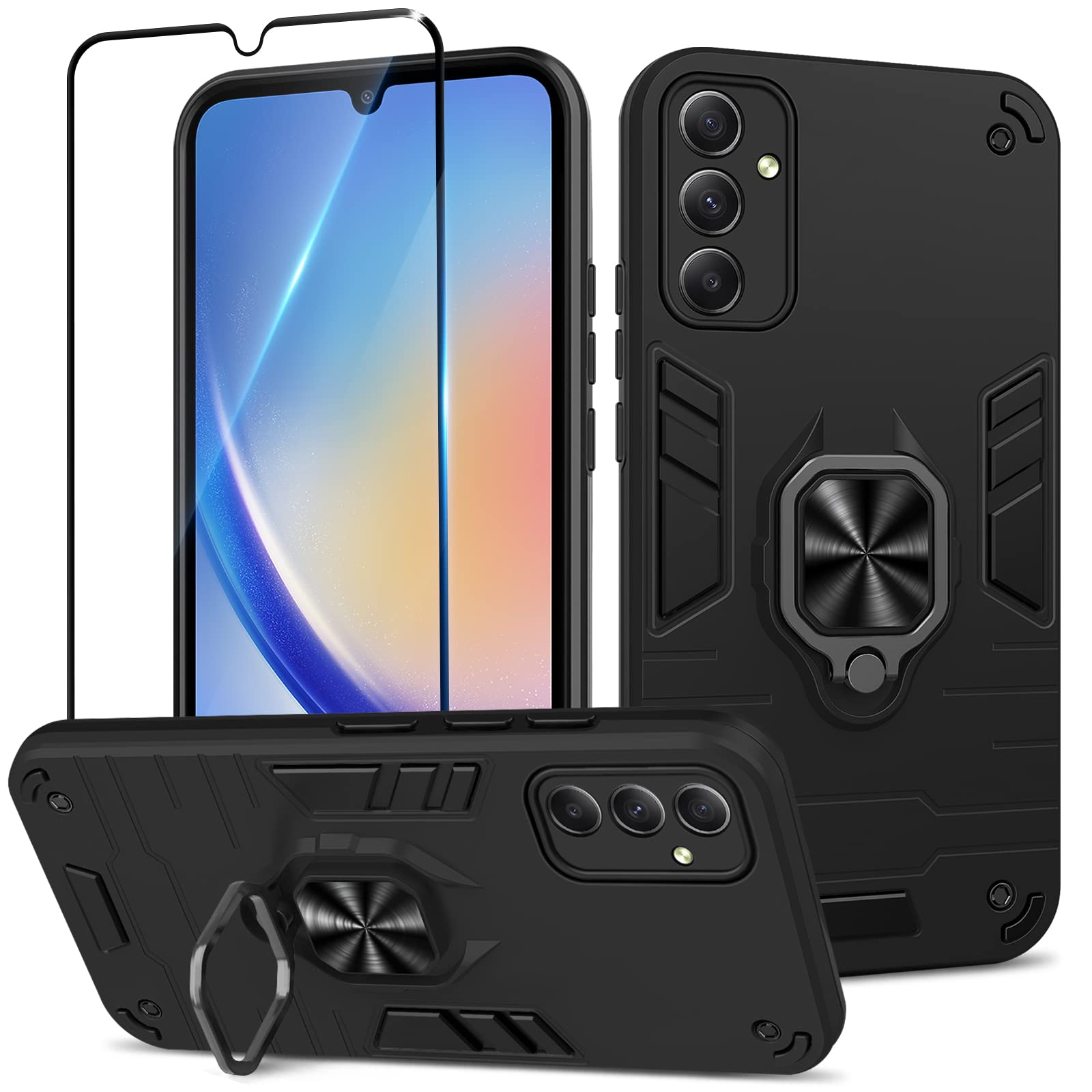 Funda para Samsung Galaxy A13 4G con Cristal Templado Protector Pantalla, Carcasa Antigolpes con Soporte anular metálico, Case Protectora de Grado Militar, Negro — view 109