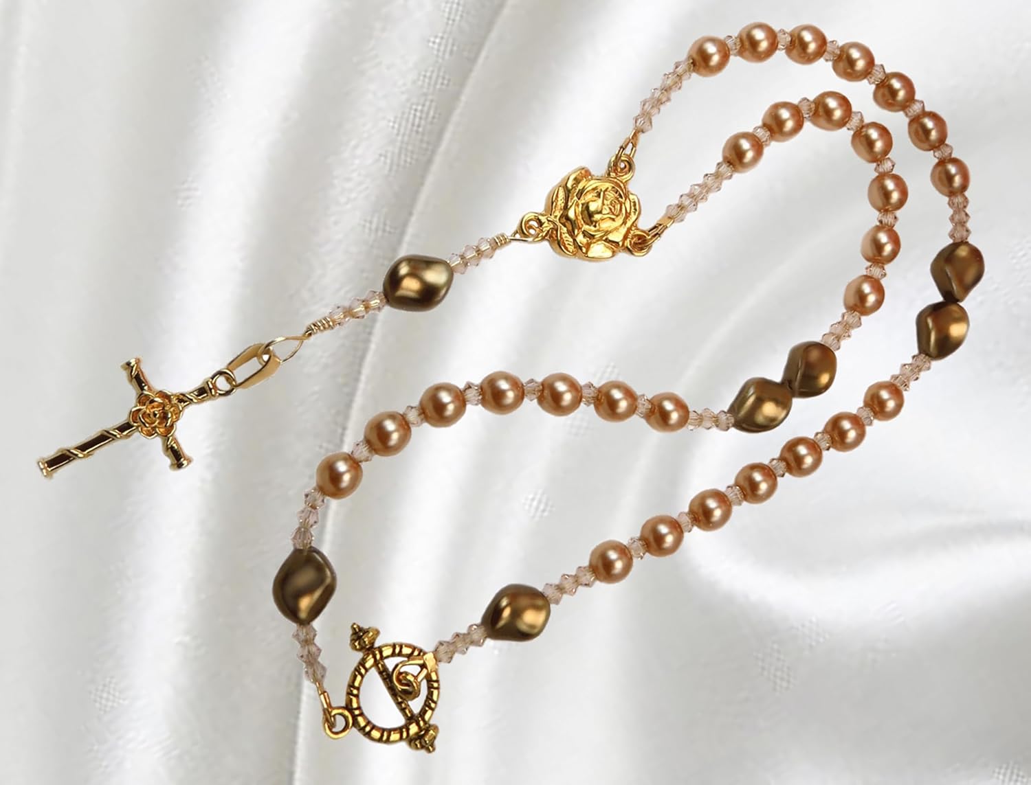 Handmade Orthodox Rosary Necklace Rose Gold Crystal Pearls Greek Chotki Toggle Clasp - Image 3