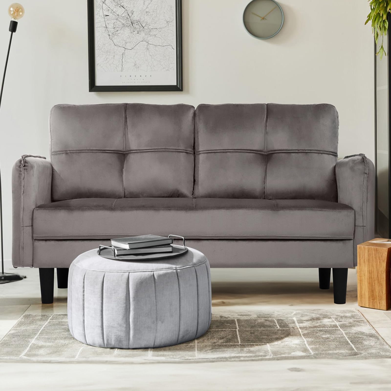 Hello-5ive Modern 2 Seater Sofa, 148cm Velvet Small Sofa Couch with Spring Cushion and Storage Pocket, Comfy Upholstered Loveseat for Living Room, Bedroom, Apartment, Grey โ image 1