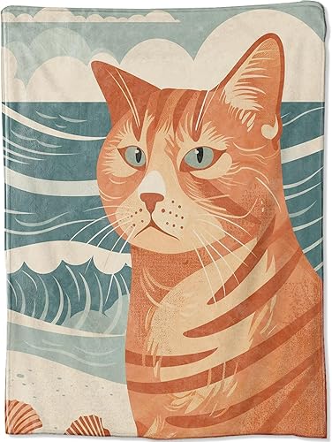 Manta de gato atigrado naranja, manta de playa retro con diseño de conchas marinas para dormitorio, sala de estar, decoración de sofá, manta