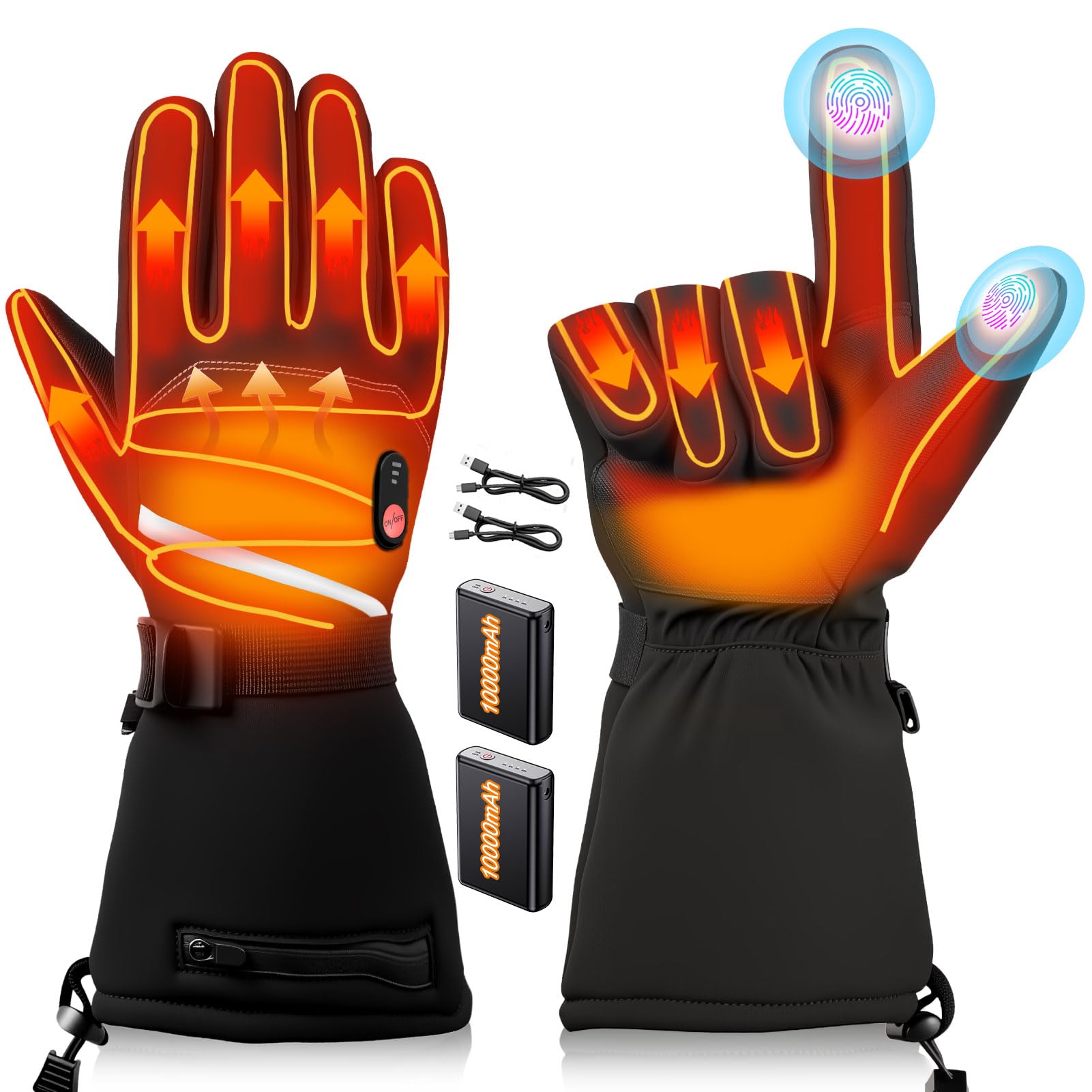 Gants Chauffants 7,4V à Chauffage Rapide pour Hommes et Femmes, 20000mAh Gants Chauffants Rechargeables, 3 Températures, Écran Tactile, Étanches, Antidérapants, Adaptés à l'hiver