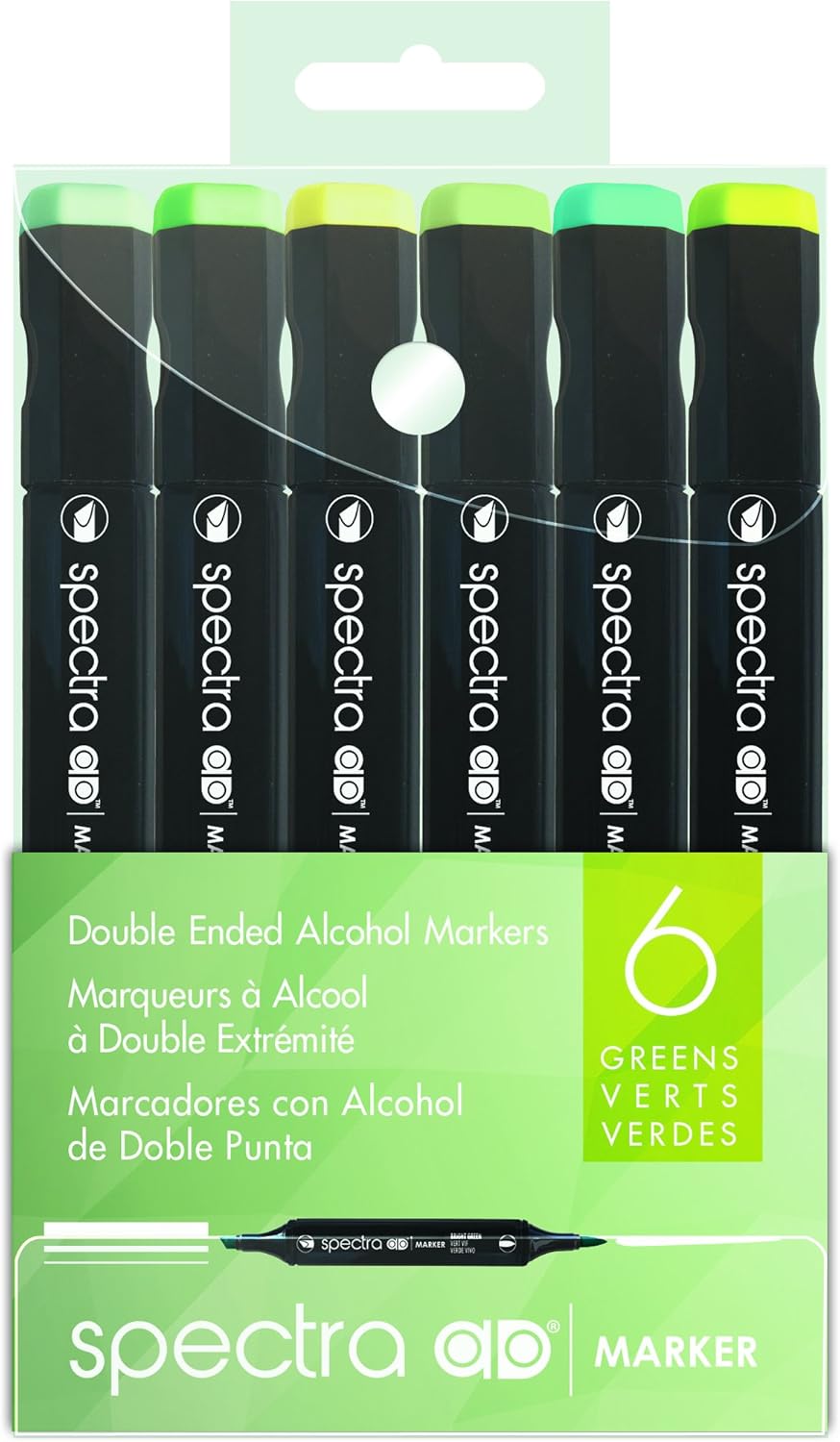 Chartpak Spectra AD Marker Set in Plastic Case, Tri-Nib and Brush Dual-Tip, 6 Assorted Green Colors (SGREENS6AD)