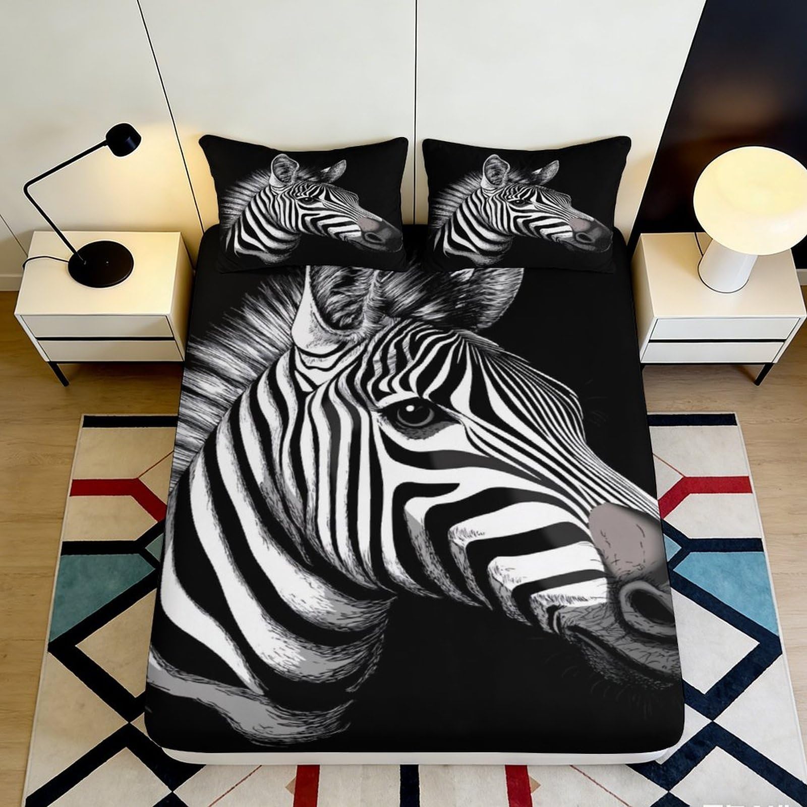 3D Printed Zebra Head Fitted Sheet Microfiber Black White Animal Stripe Bed Sheet for Bedroom Guest Room Decor 90x200x25cm