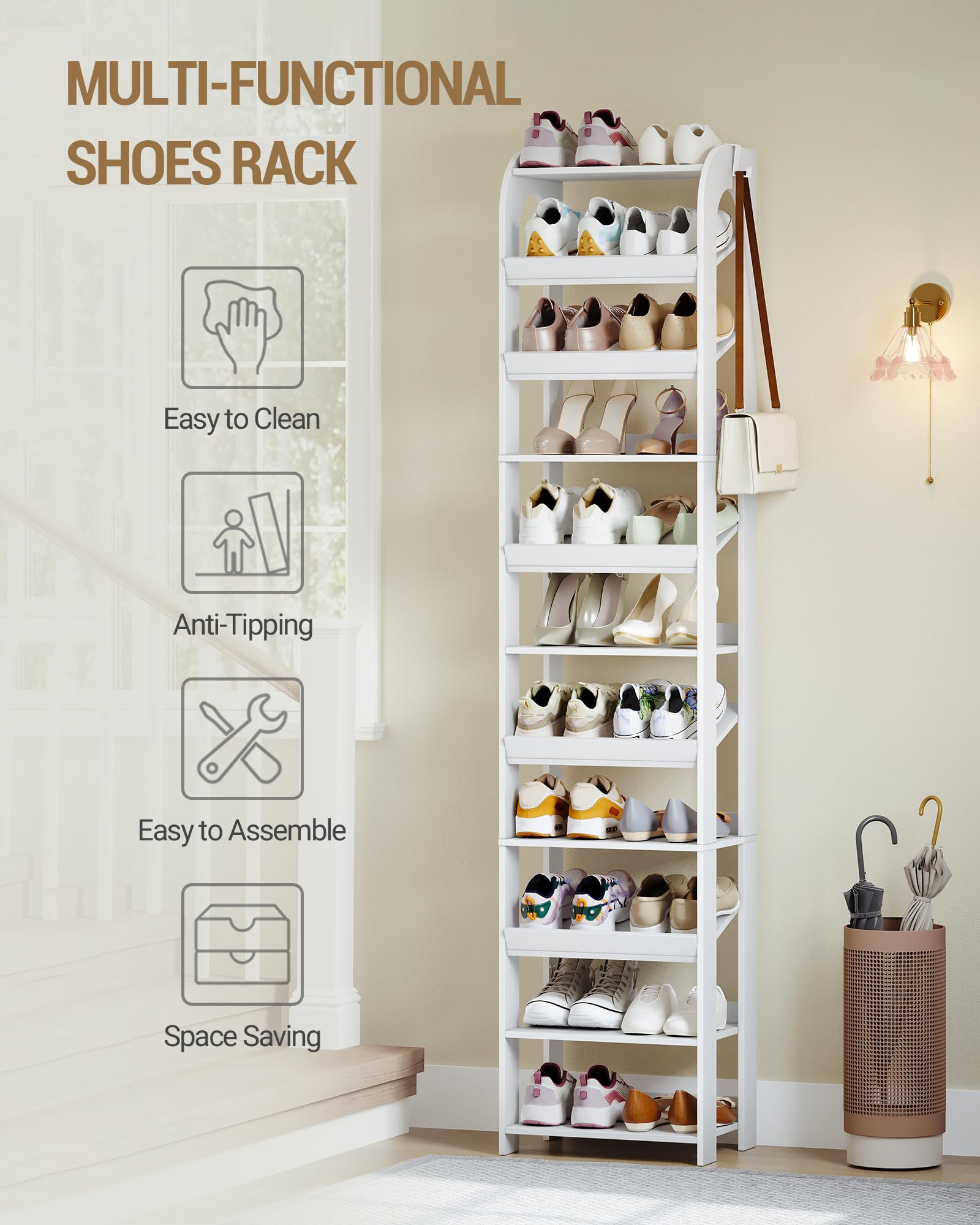Hzuaneri Vertikales Schuhregal, 11 Ebenen, mit Haken, 42,5B cm, Weiß | Holz-Schuh-Organizer für Schrank, Eingang, Schuhturm für Kleine Räume, Freistehend, Verstellbar, SR13403X
