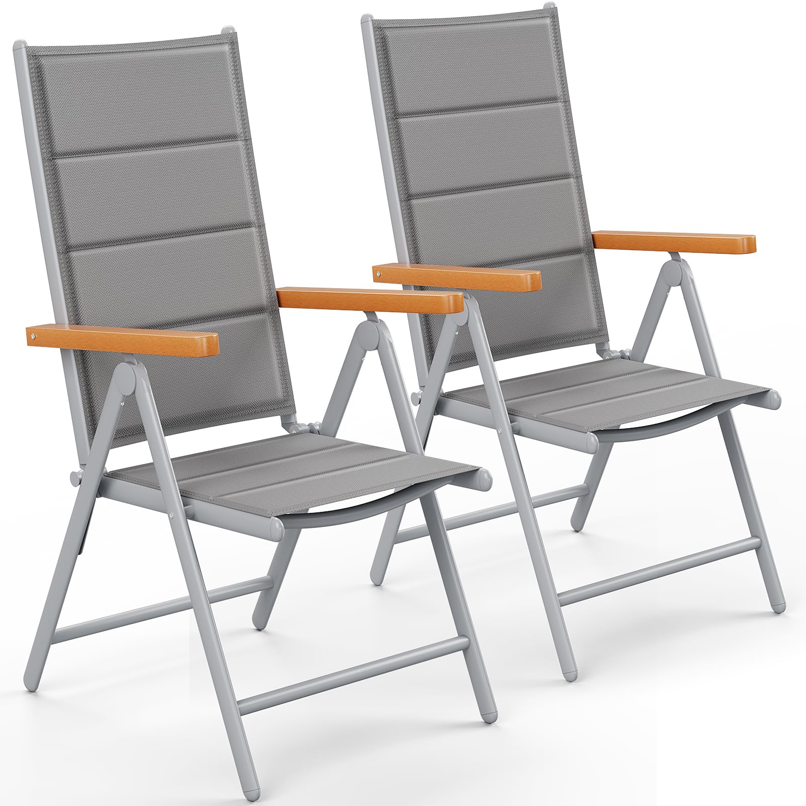 LIFERUN Gartenstühl Hochlehner Klappbar, 2er Set Aluminium Balkonstuhl, WPC Armlehnen, mit Gesteppte Rückenlehne & Sitzfläche,7-Fach Verstellbar,Bis 120 kg, Outdoor Esszimmerstuhl, Silbergrau, 2 PCS