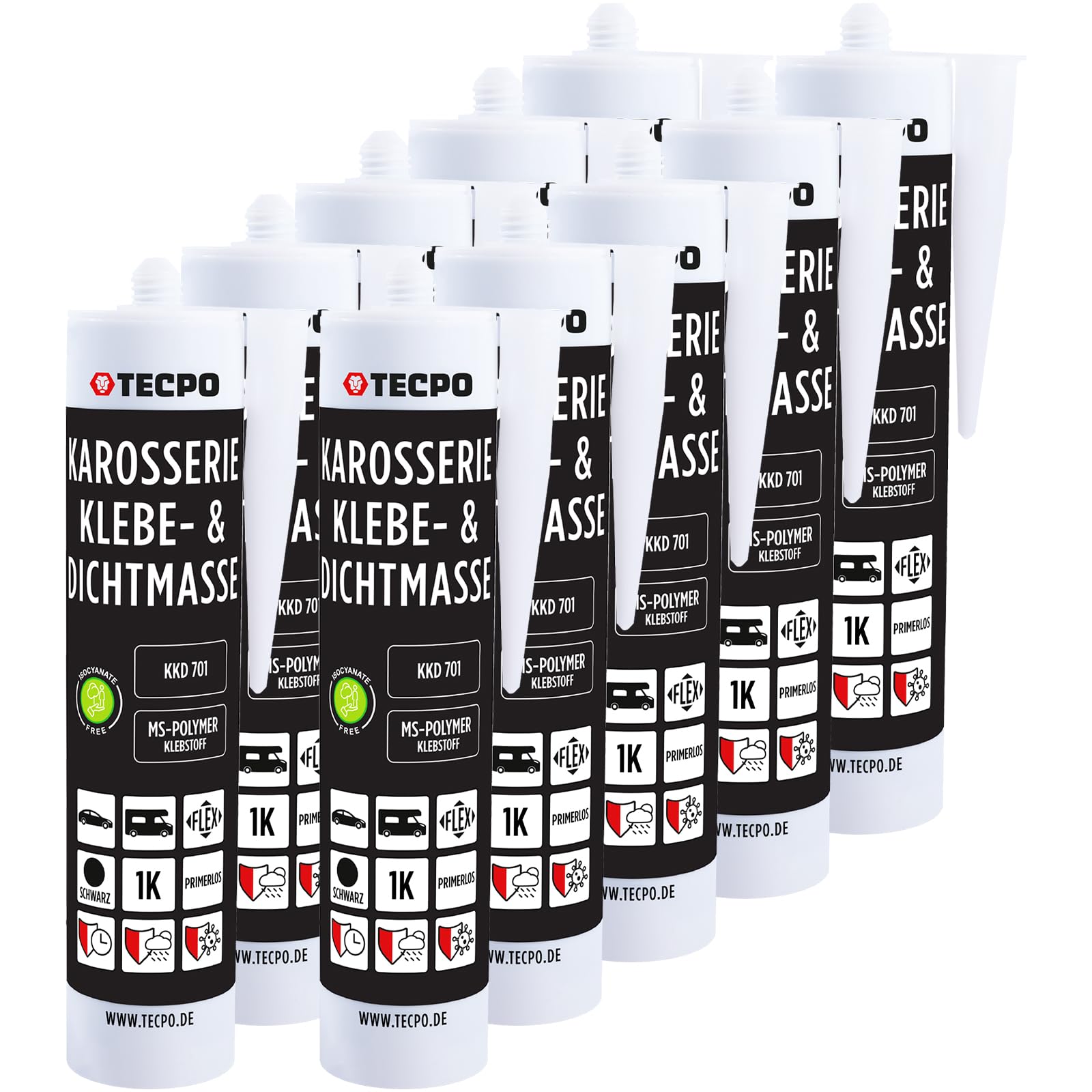 TECPO Karosseriekleber Dichtstoff MS Polymer, 10x 414g Schwarz UV-und Witterungsbeständig Überlackierbar- Abdichtung von Karosserieteilen, Blechen und Fugen