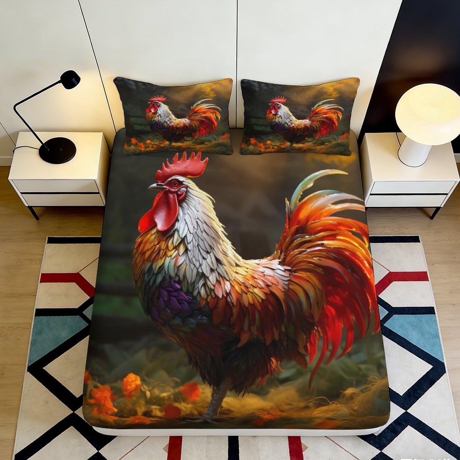 3D Printed Colorful Rooster Fitted Sheet Microfiber Soft Bedroom Decor Farmhouse Art Mattress Cover 90x200x25cm
