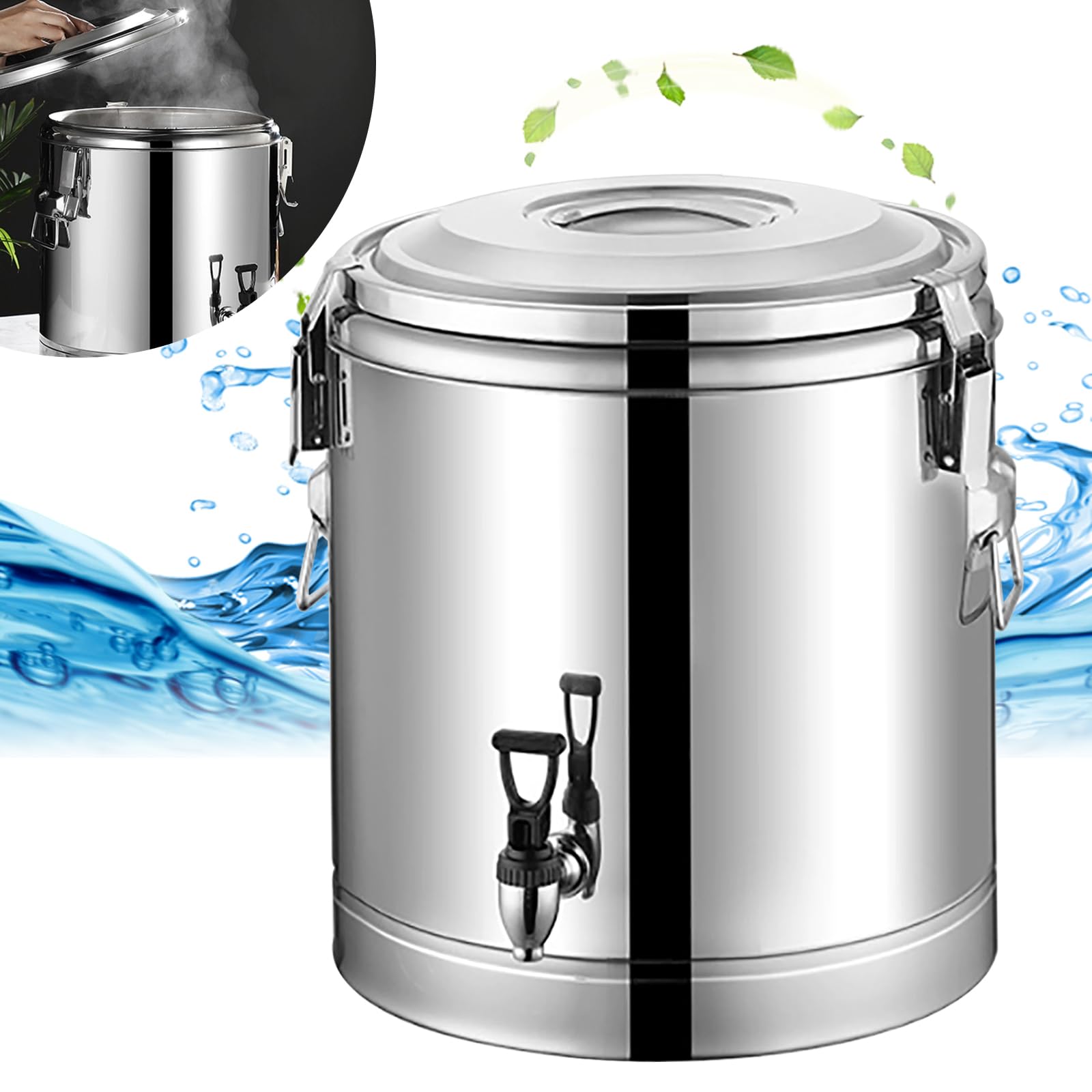 Bidón de agua de acero inoxidable, recipiente térmico de 40 l, recipiente de transporte aislado con grifo, acero inoxidable 201, aislamiento de 18,5 mm, superficie pulida, ideal para sopas, guisos, té