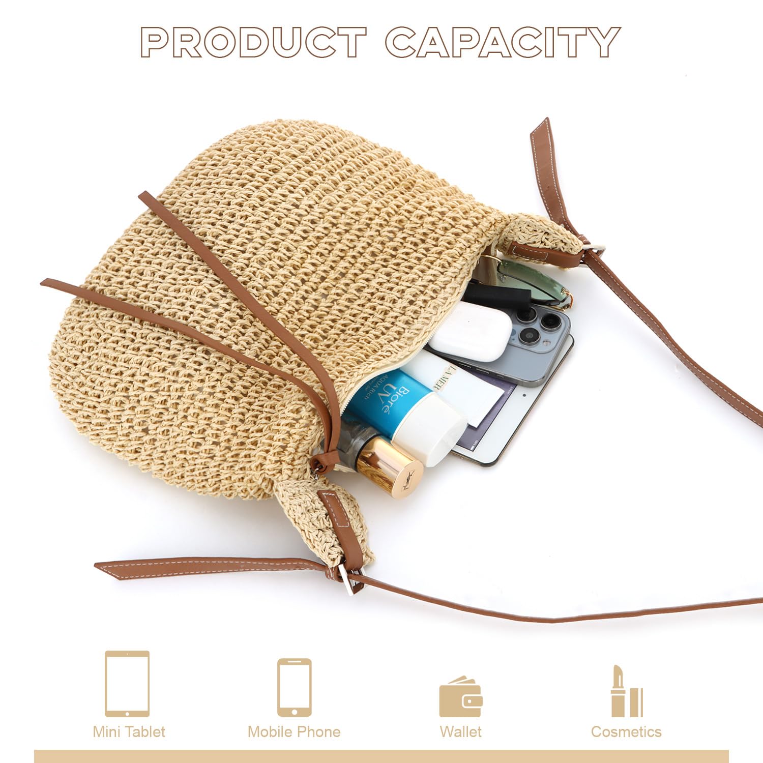 EVEOUT Sac bandoulière en Paille pour Femme Boho Sac d'été Léger en Raphia Tissé avec Sangle Réglable pour Plage Vacances(Beige)