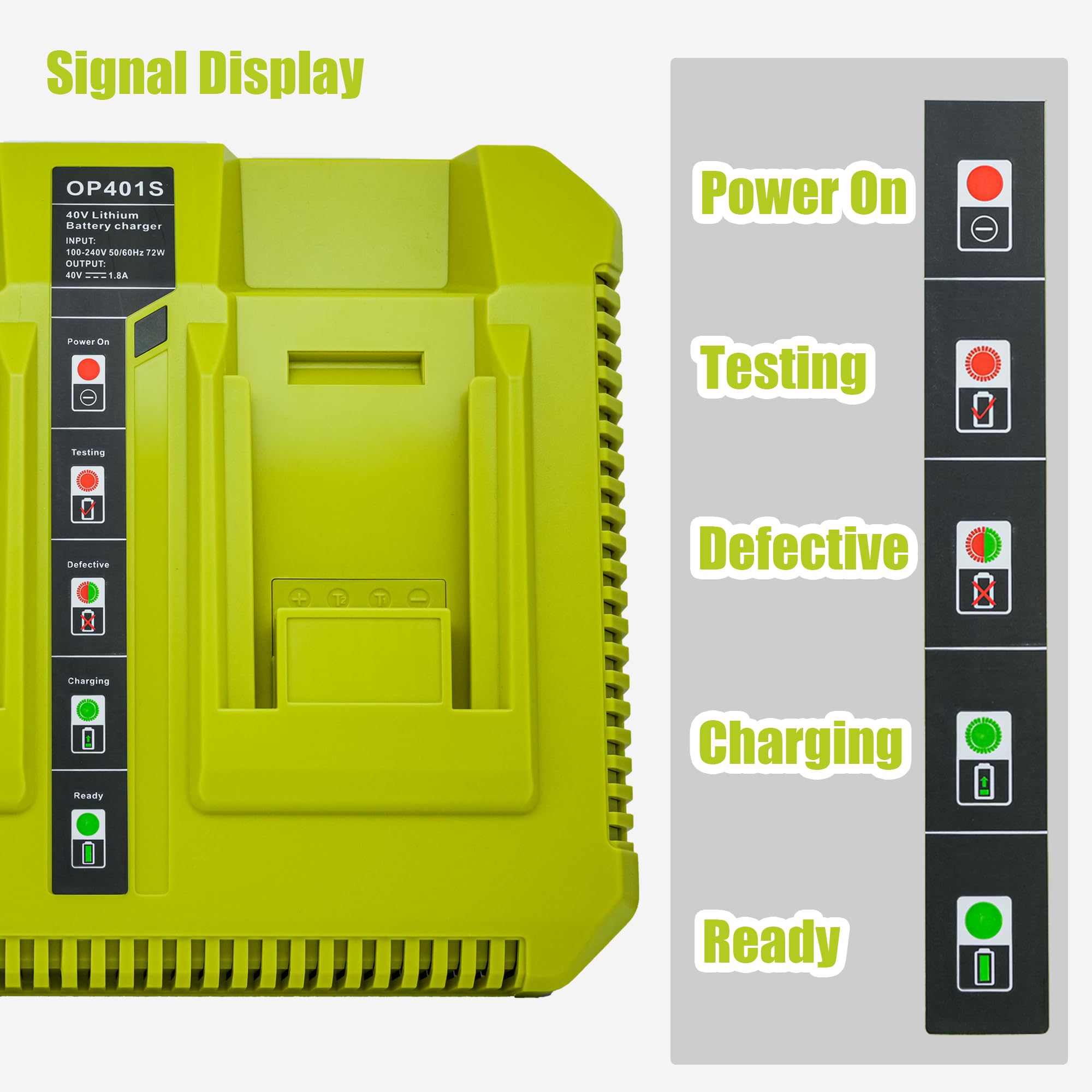 Chargeur de rechange 40 V pour chargeur de batterie Ryobi 40 V OP401 S, chargeur rapide double ports compatible avec batterie Ryobi 40 V au lithium OP4015 OP4026 OP4030 OP4040 OP4050 OP4060 OP40301