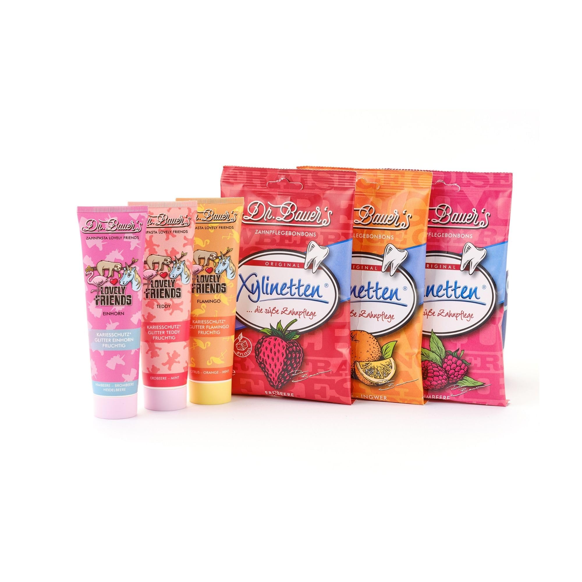 Dr. Bauer's Lovely Friends Lot de 3 tubes de dentifrice à paillettes pour enfants, 3 bonbons xylinettes, sans sucre, doux pour les dents, développé par des dentistes