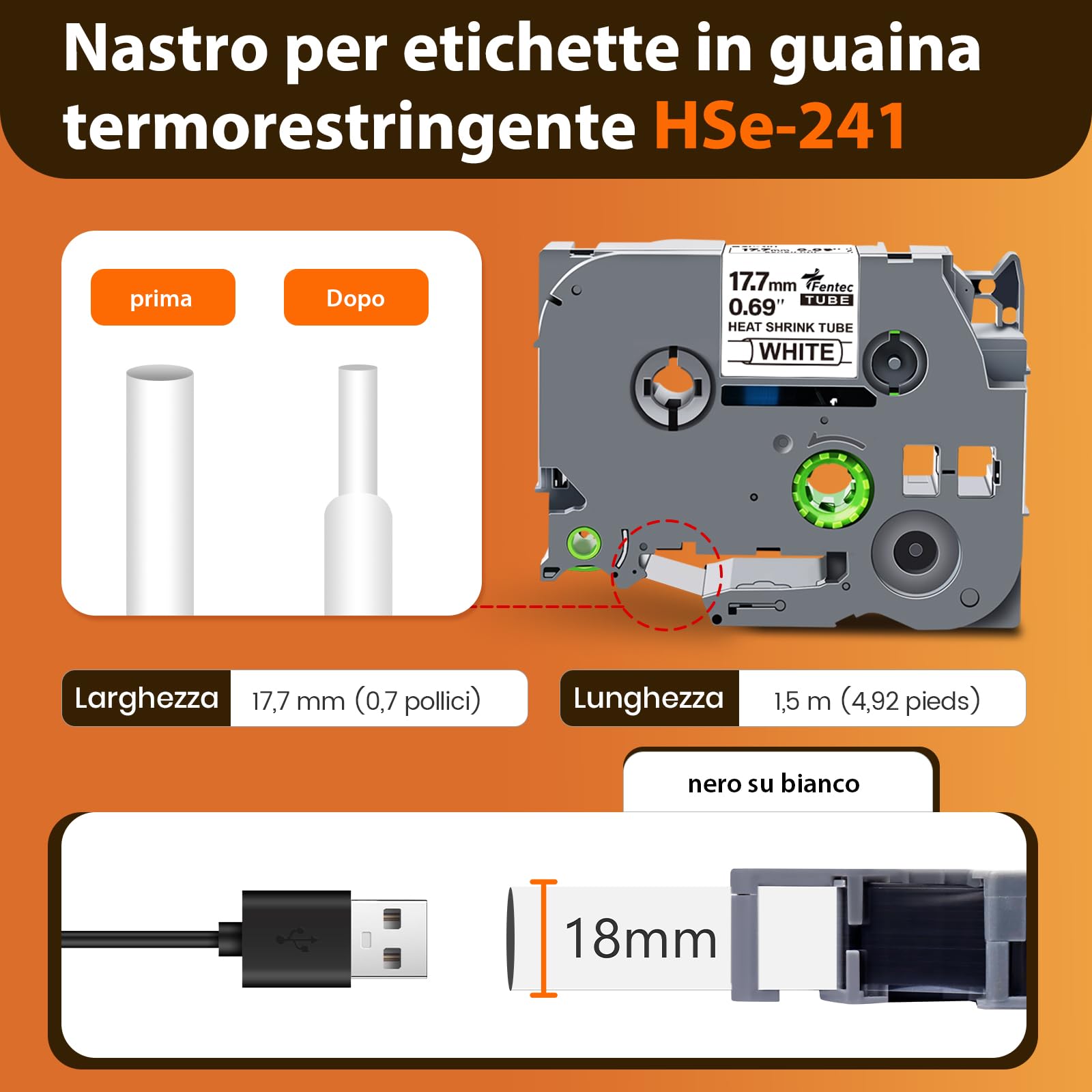 HSe-241 Heat Shrink Tube Nastro per Brother P-Touch - Nastro termoretraibile per cavi HSe241, 17 mm, nero su bianco, compatibile con P-Touch PTD400AD PTD600 PTD400 PT-D450 PT-P710BT 3Pz