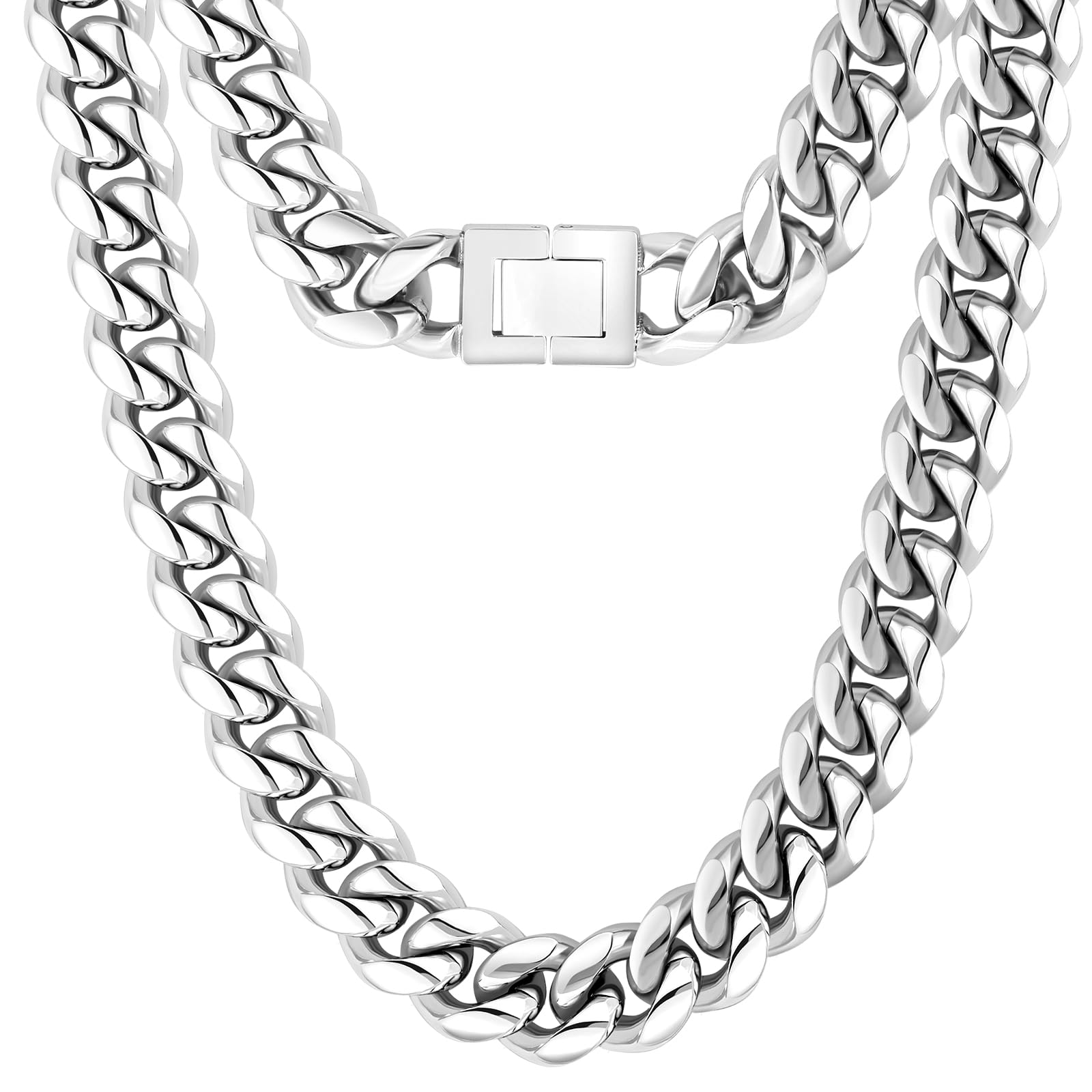 KRKC&CO Panzerkette Herren Halskette 10/12/14mm, 18K Gold/Weißgold beschichtet Cuban Link Chain Edelstahl, Silberkette Goldkette, Kubanische Kette Silber Männer, Hip Hop Kette Größe 46-66cm