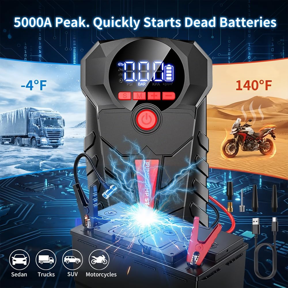 Jump Starter with Air Compressor, Upgraded 5000A Portable Car Battery Booster, 4-in-1 Car Battery Jump Starter with 150PSI Tire Inflator, LED Light, 12V Supersafe Lithium Jump Box,Multi-Protection